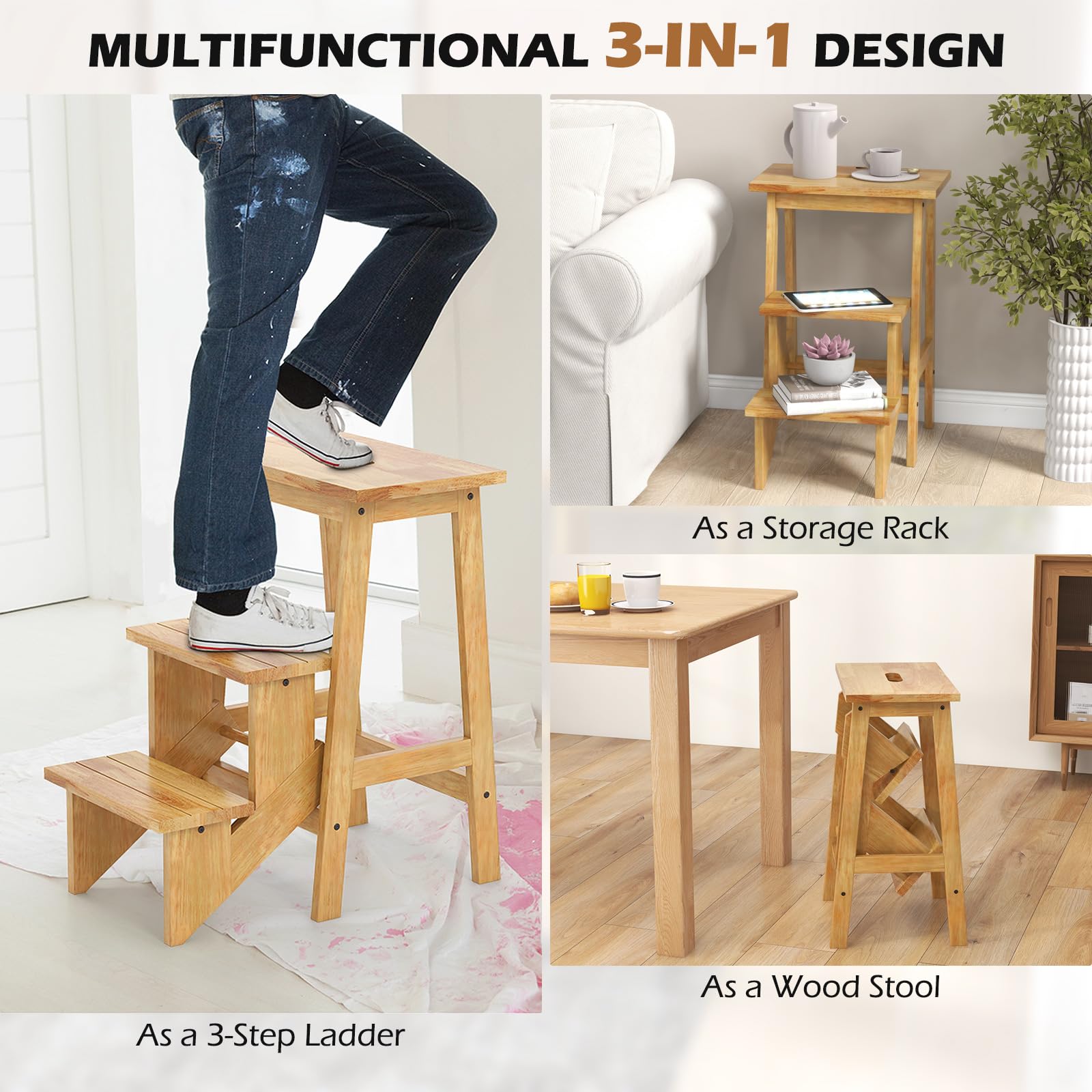 Giantex Folding 3 Tier Step Ladder, Multipurpose 3-in-1 Wood Step Stool with Anti-Slip (Natural)