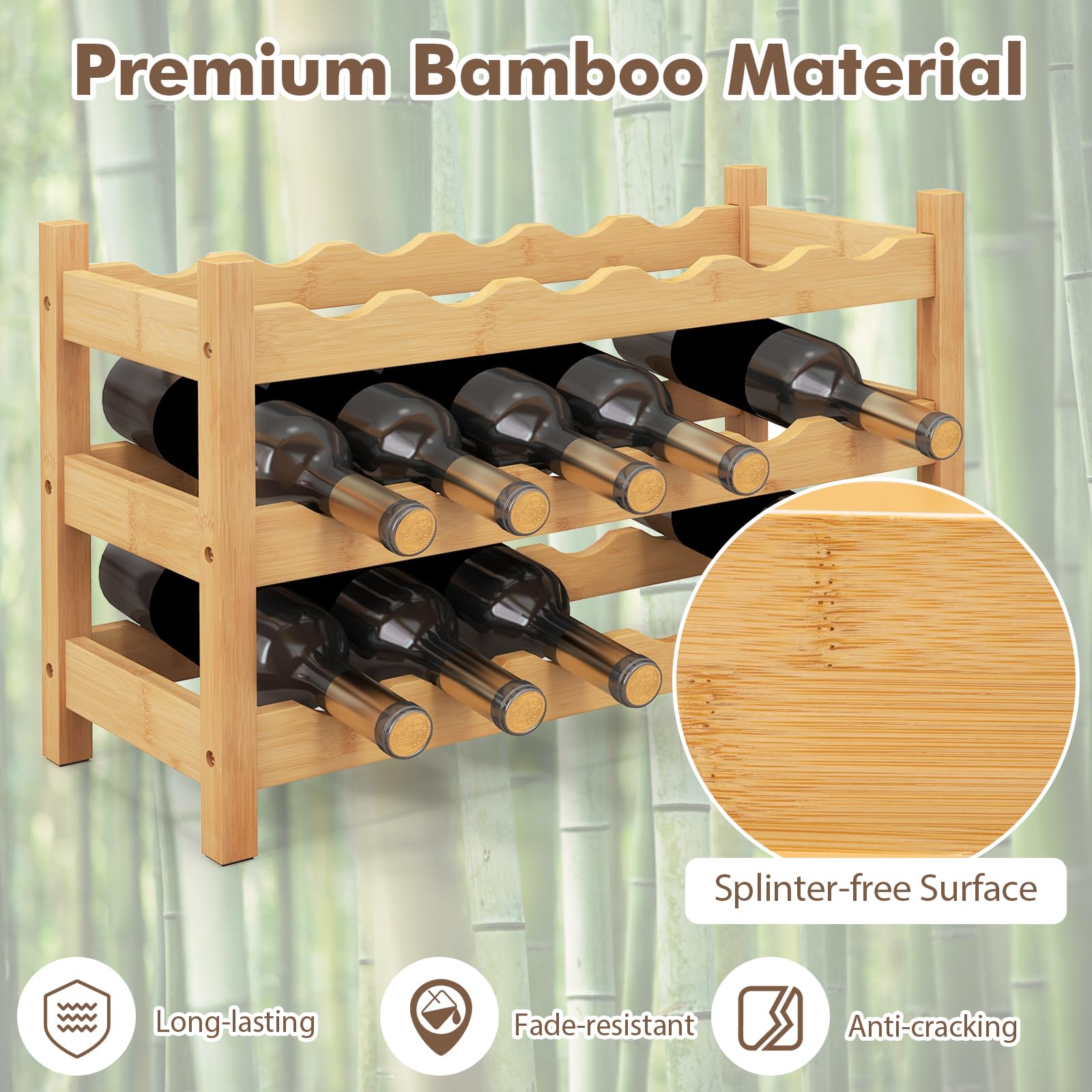 Giantex Bamboo Wine Rack, 3 Tier 18 Bottle Wine Storage Cabinet Shelf, Small Wine Rack Bottle Organizer Freestanding Counter