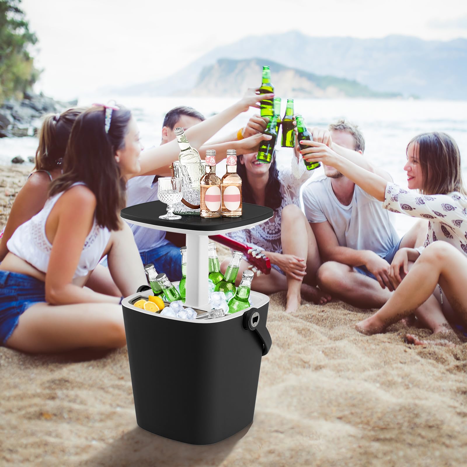 Giantex Outdoor Side Table Cooler - 4 Gallon Portable Beer Wine Ice Bucket with Handle