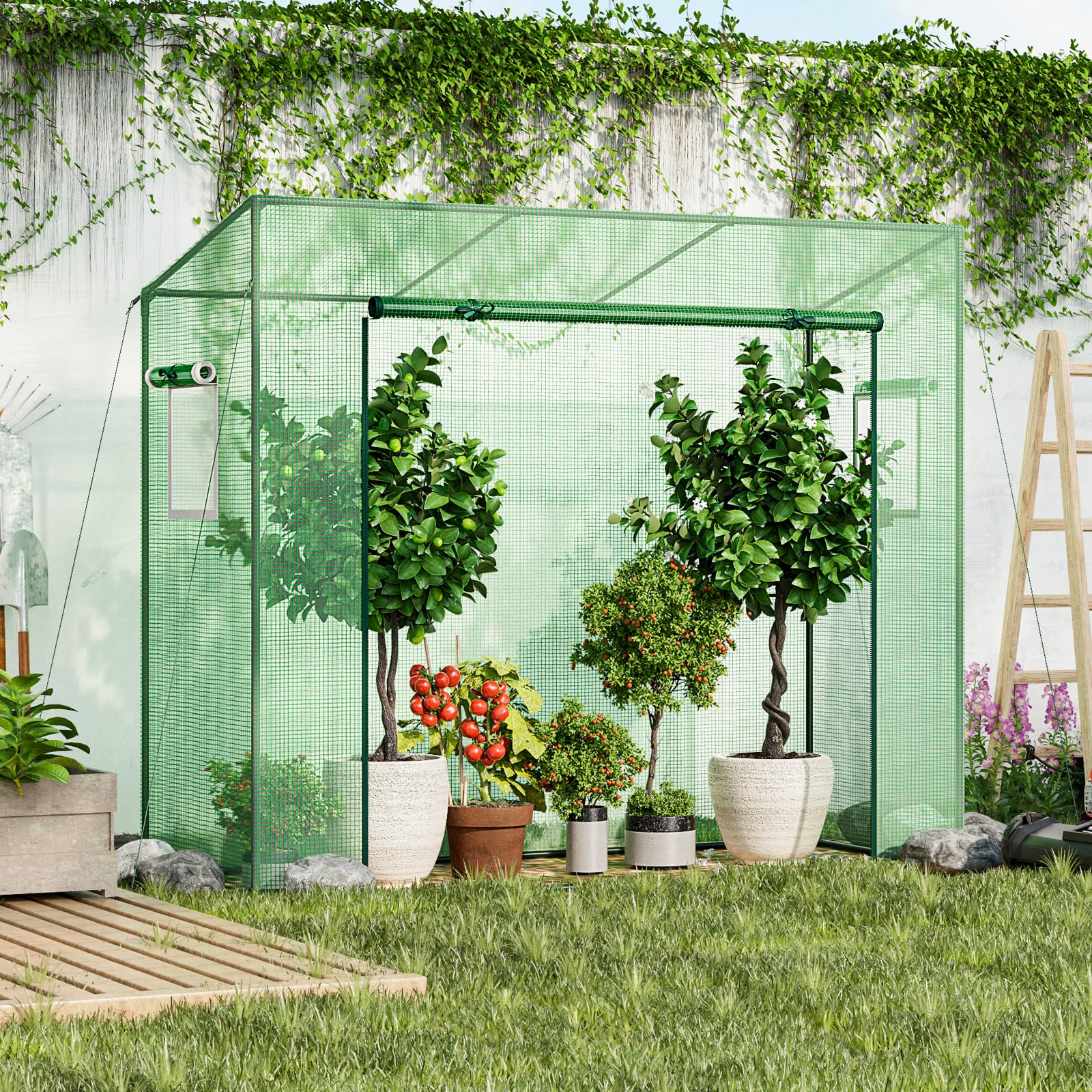 Giantex Walk-in Greenhouse, 4 Ground Stakes & Ropes, Outdoor Portable Mini Greenhouse w/ PE Cover