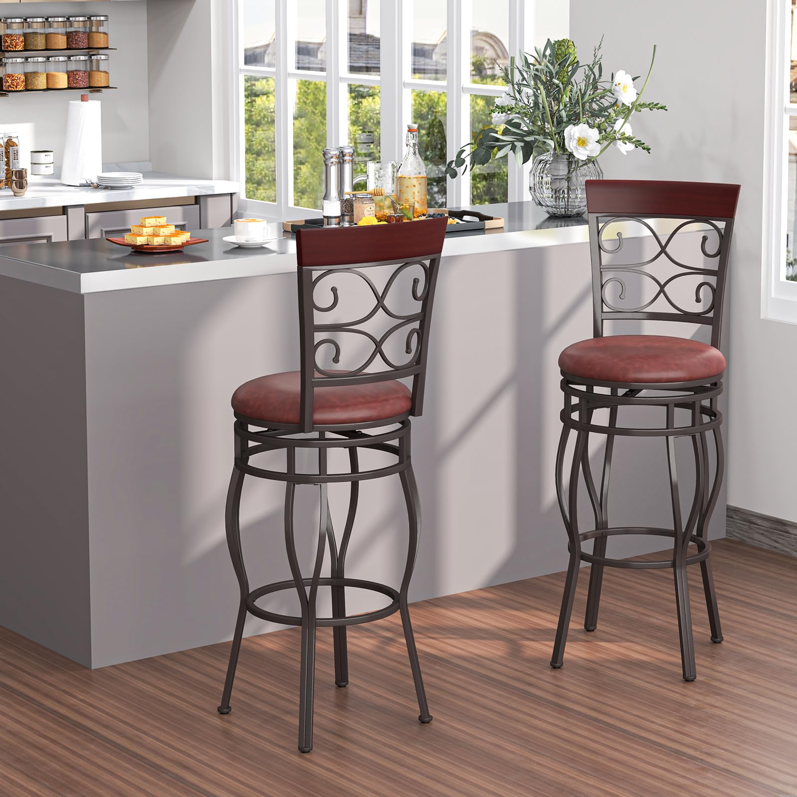 Giantex 30" Swivel Bar Stools Set of 2, Bar Height Bar Stools w/Back, Upholstered PU Leather Seat, Footrest, Rustic Brown