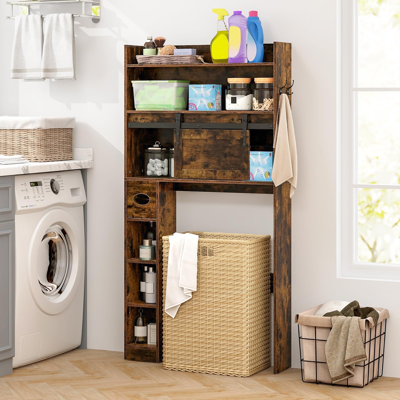 Giantex Over The Toilet Storage Cabinet, 6-Tier Freestanding above Toilet Rack with Gliding Door