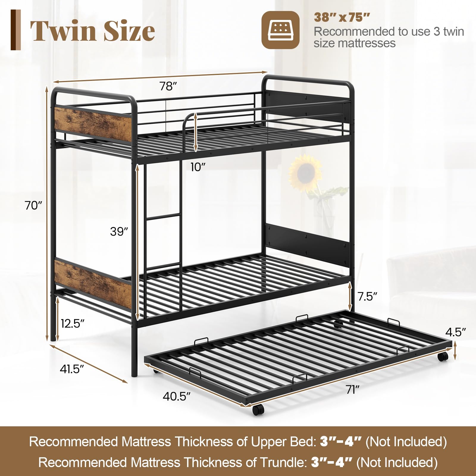 Giantex Metal Twin Over Twin Bunk Bed with Trundle