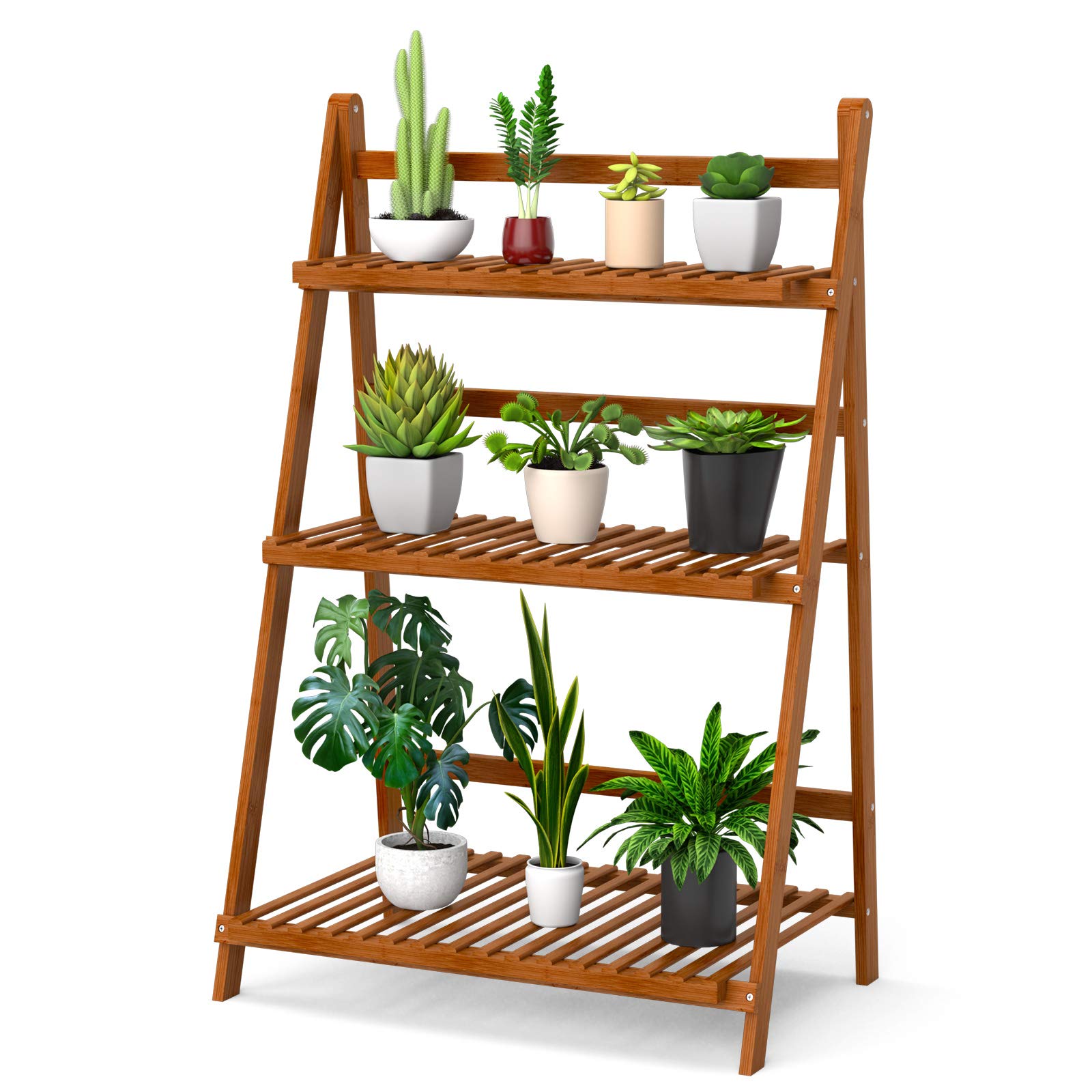 Giantex 3 Tier Folding Storage Shelf, Bamboo Ladder Plant Stand