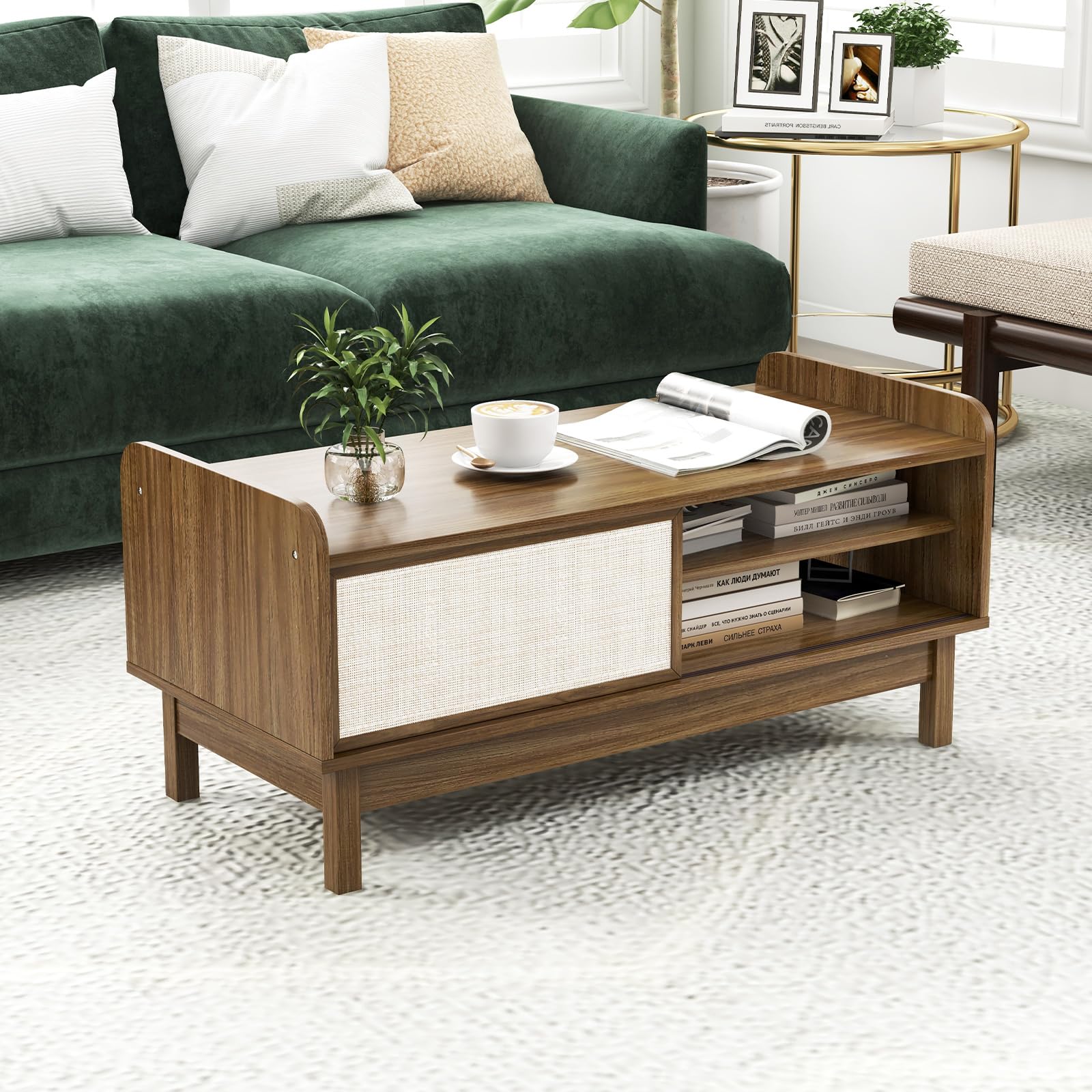 Giantex Coffee Table with Storage and Sliding Doors, Mid-Century Modern Coffee Table with Adjustable & Removable Shelf