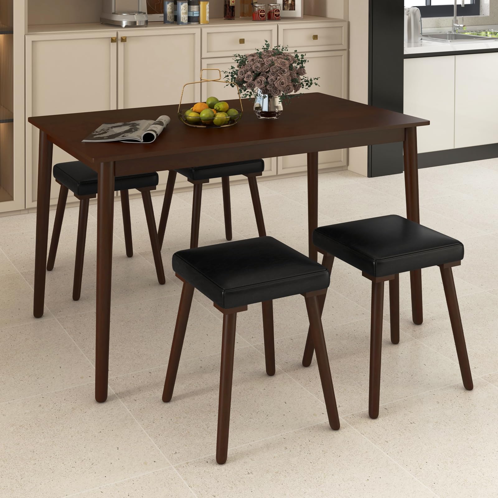 Giantex 5-Piece Dining Table Set for 4 - Dining Table with 4 Upholstered Stools, Rubber Wood Legs