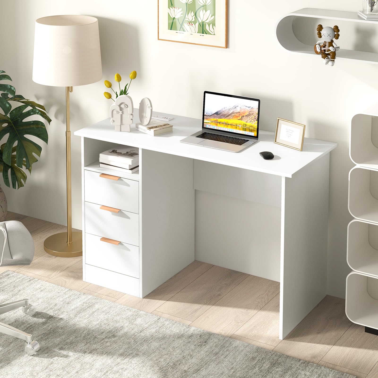 Giantex White Desk with Drawers, Modern Home Office Desk Writing Study Desk with Charging Station