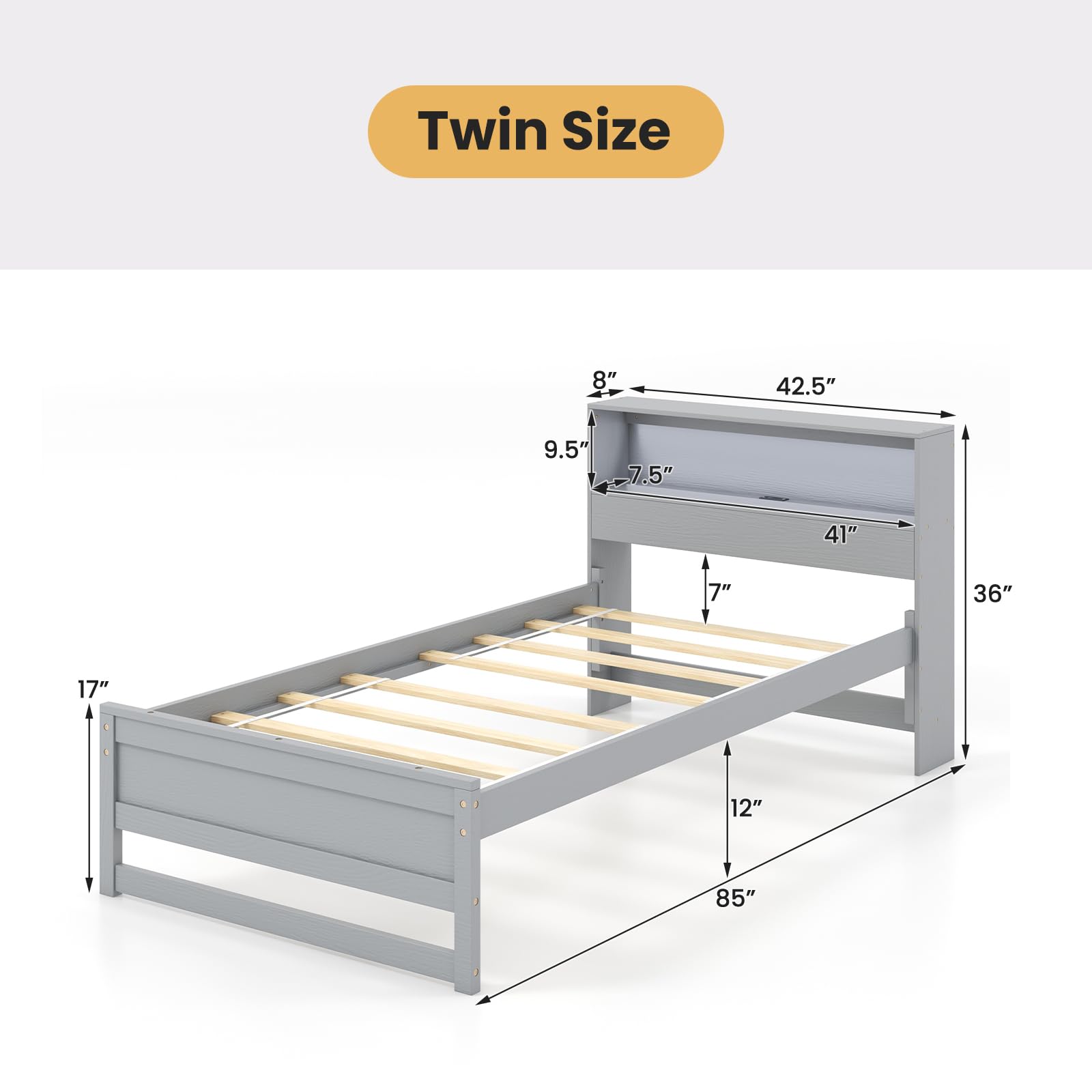 Giantex Twin Bed Frames with Storage Headboard, Wood Platform Bed with Charging Station & LED Light