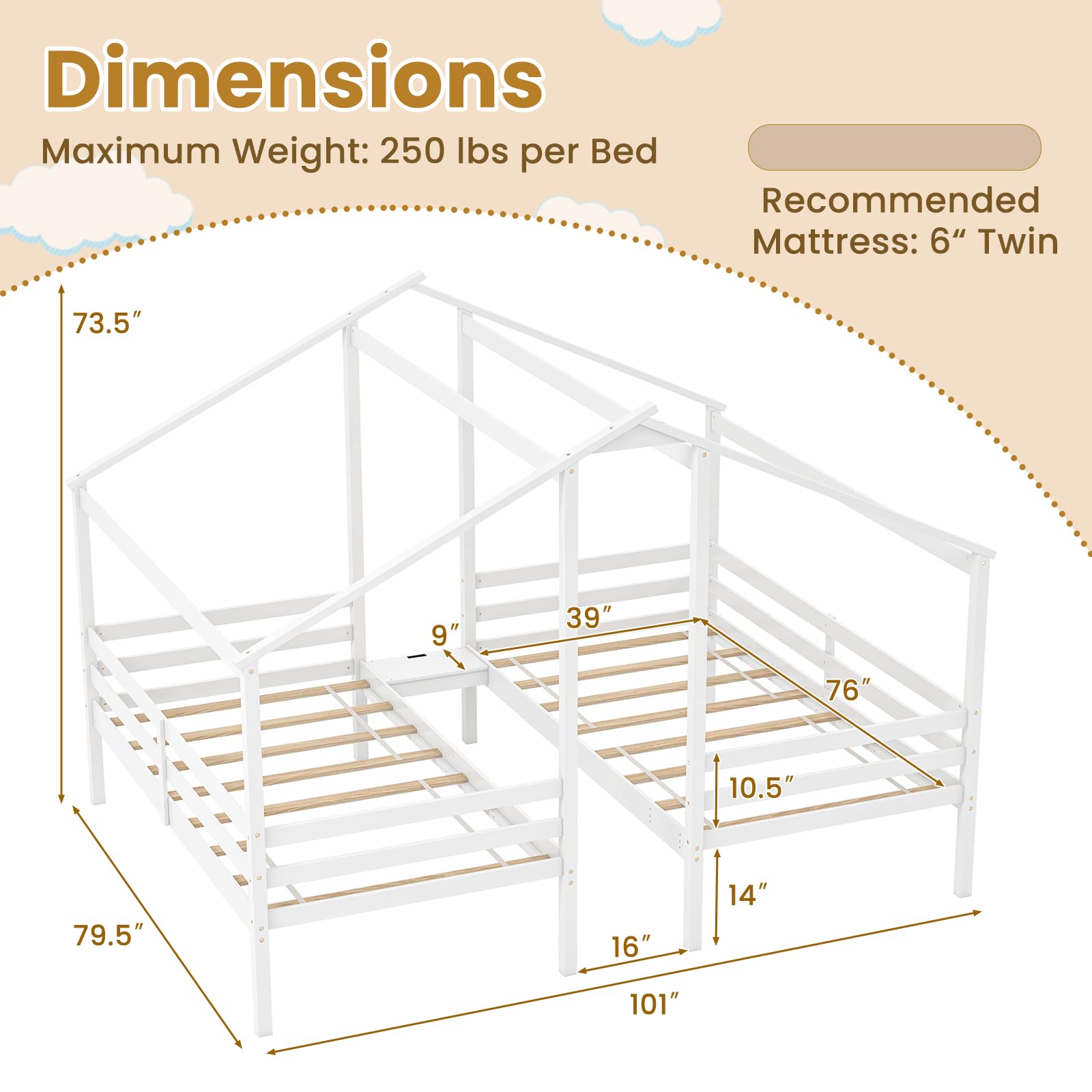 Giantex Double Twin Bed Frames for Kids, Wood House Shaped Platform with Built-in Nightstand & USB Port