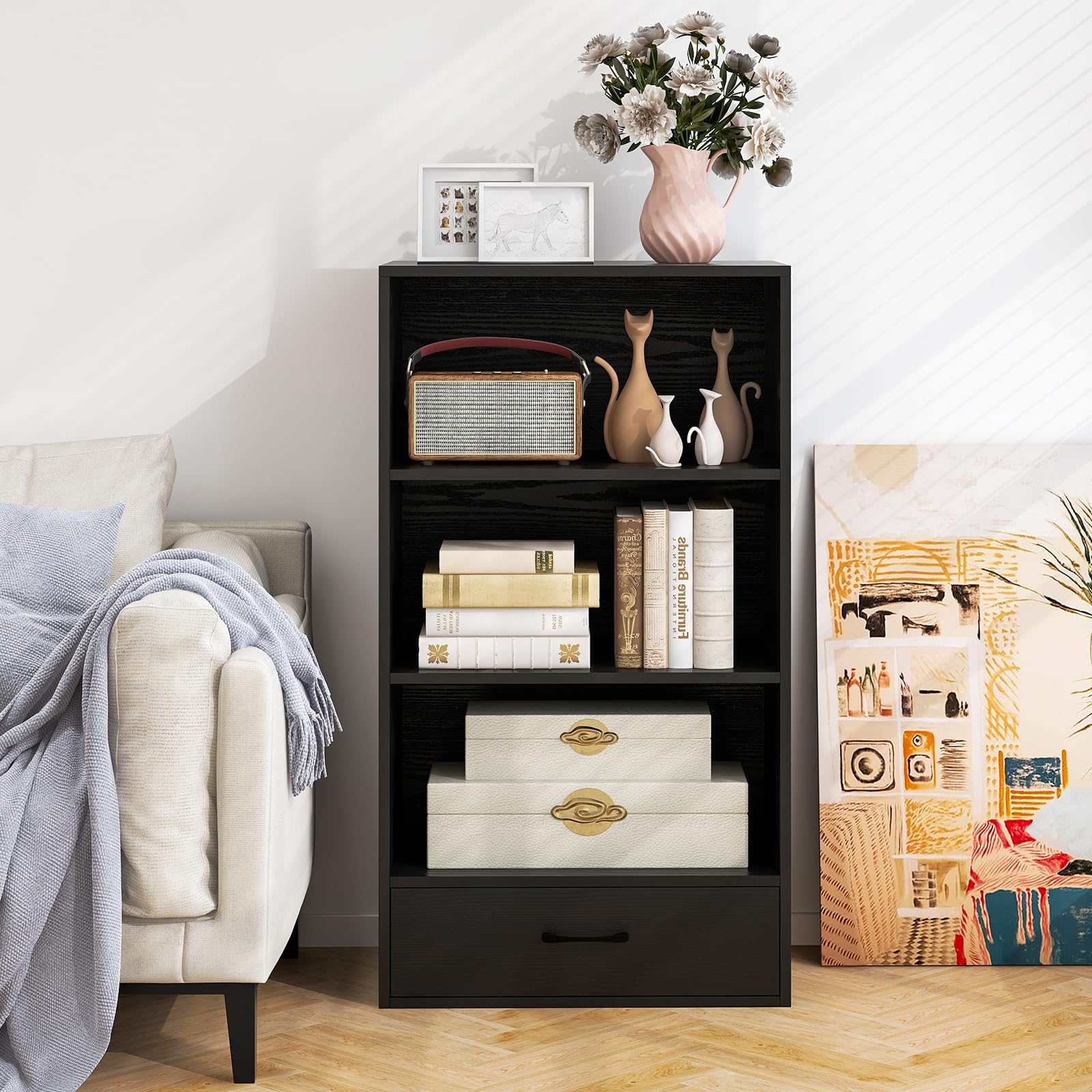 Giantex 4-Tier Bookcase with Drawer, Freestanding Bookshelf with 3 Open Shelves