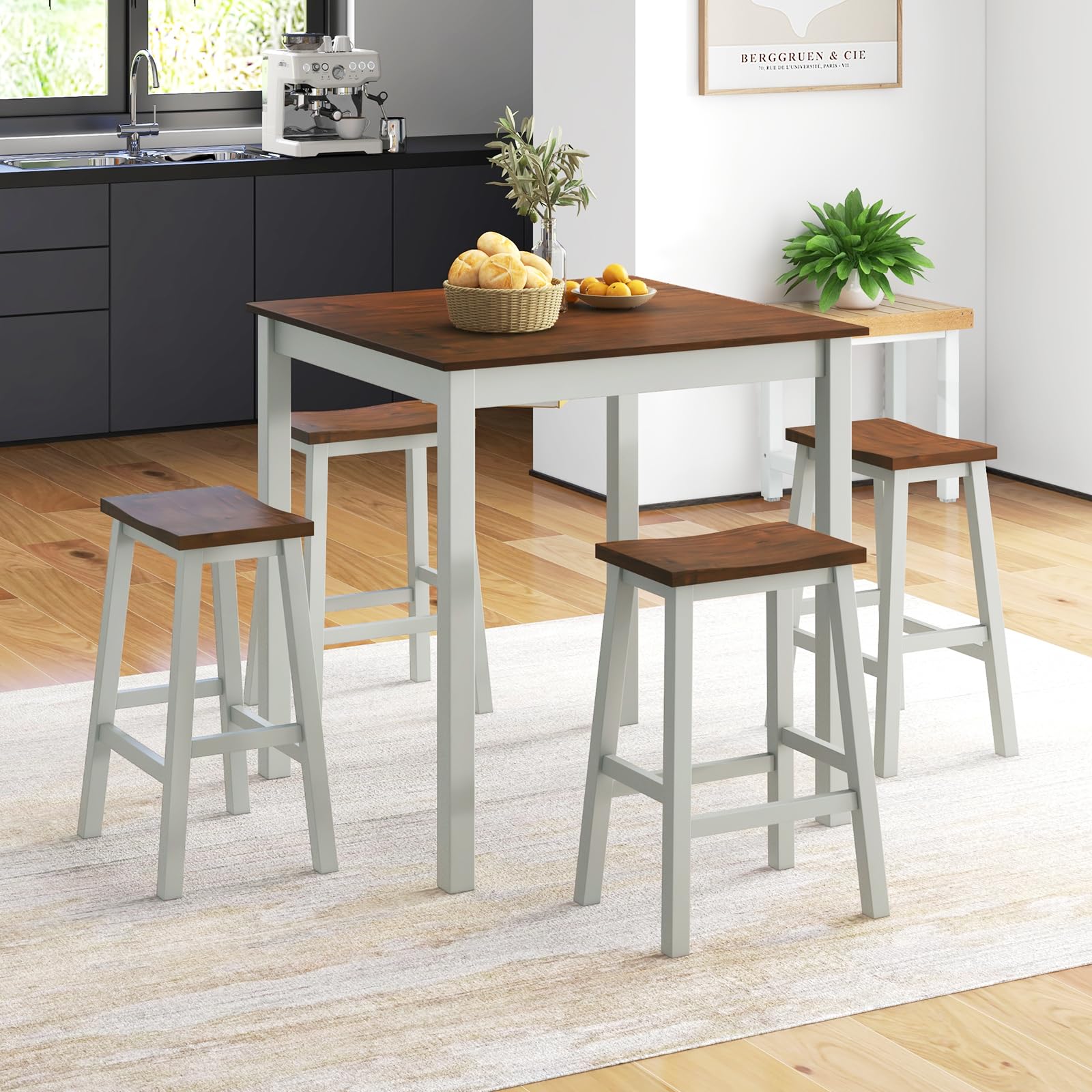 Giantex Dining Table Set for 4, Kitchen Table Set, 5-Piece Counter Height Dining Table Set with 4 Saddle Stools