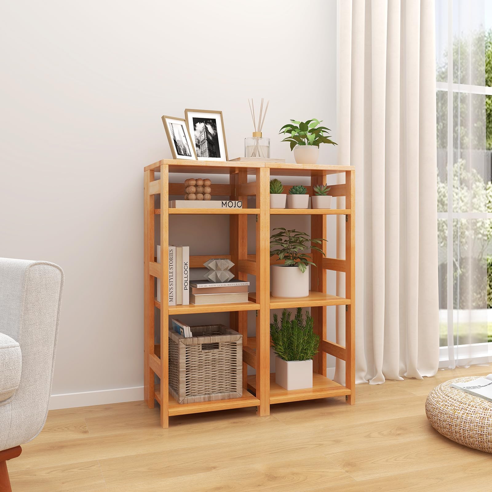 Giantex 4-Tier Bookshelf, 34.5" Floor Storage Shelf w/Rubber Wood Frame, Anti-Toppling Kits, 14" x 13" x 34.5"