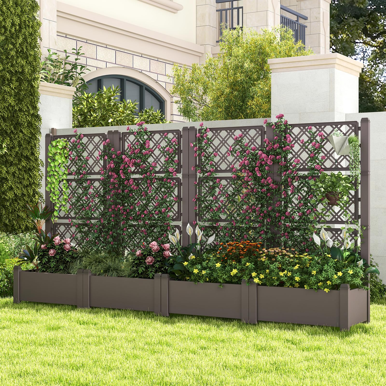 Giantex Raised Garden Bed with Trellis 59”, Self-Watering Planter Box with Water Level Indicator & Removable Space Dividers