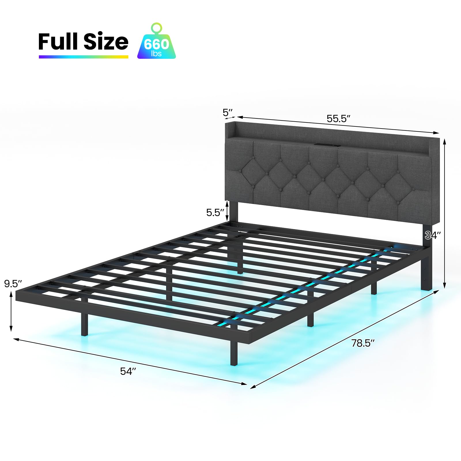 Giantex Floating Bed Frame with LED Lights, Modern Platform Bed with Adjustable Upholstered Headboard & Charging Station