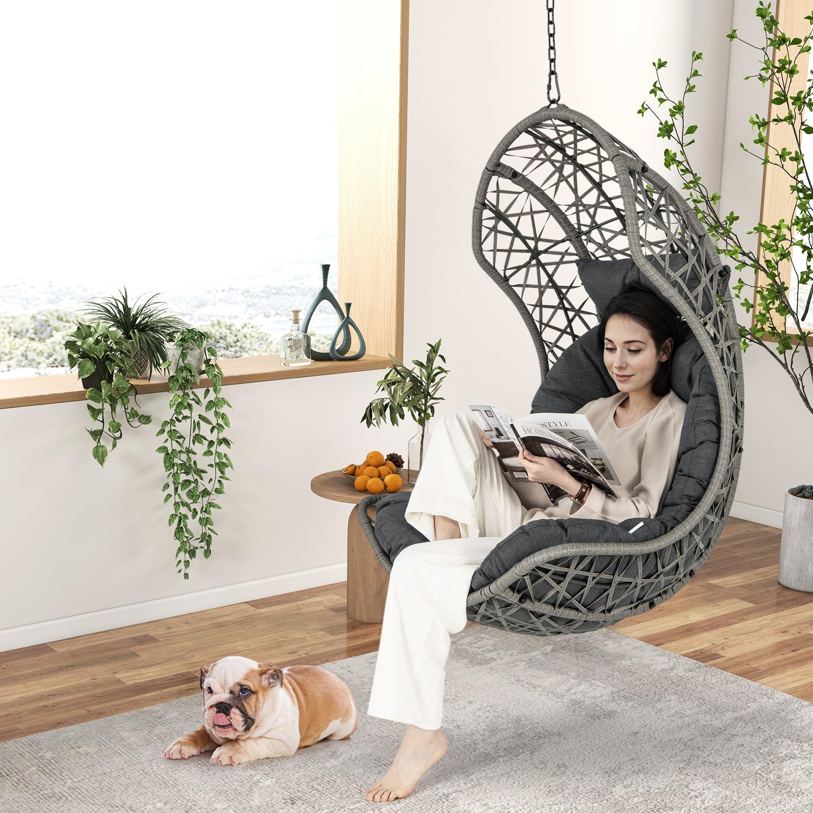 Giantex Swing Egg Chair Outdoor - PE Rattan Hammock Chair with Soft Pillow, Cushion, Metal Frame, Hanging Accessories