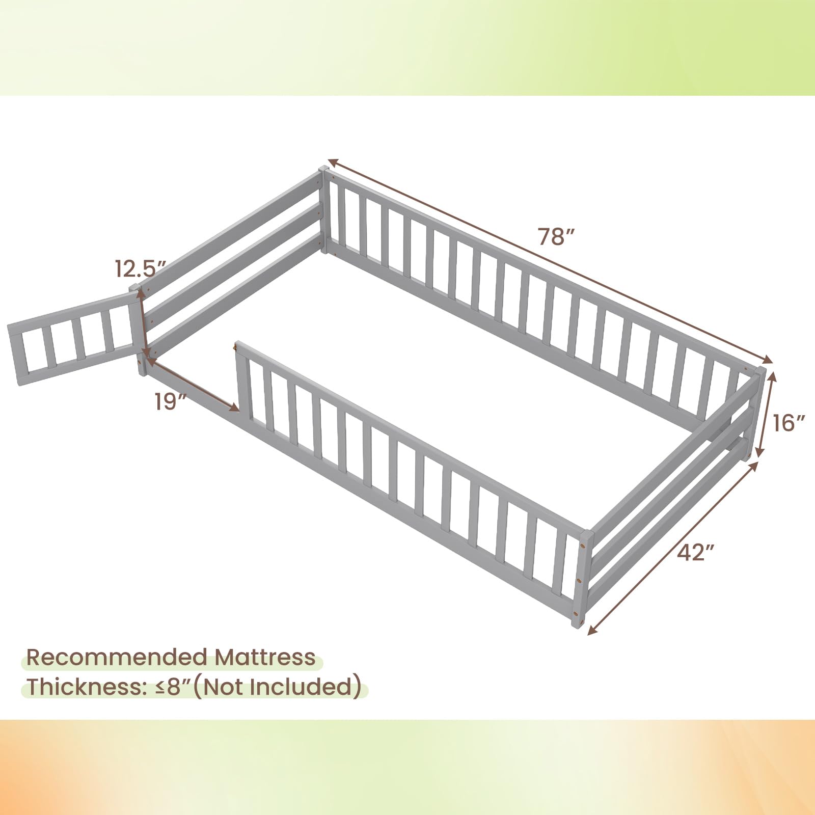 Giantex Twin Floor Bed with Door & Fence, Kids Wood Montessori Bed with Safety Guardrails