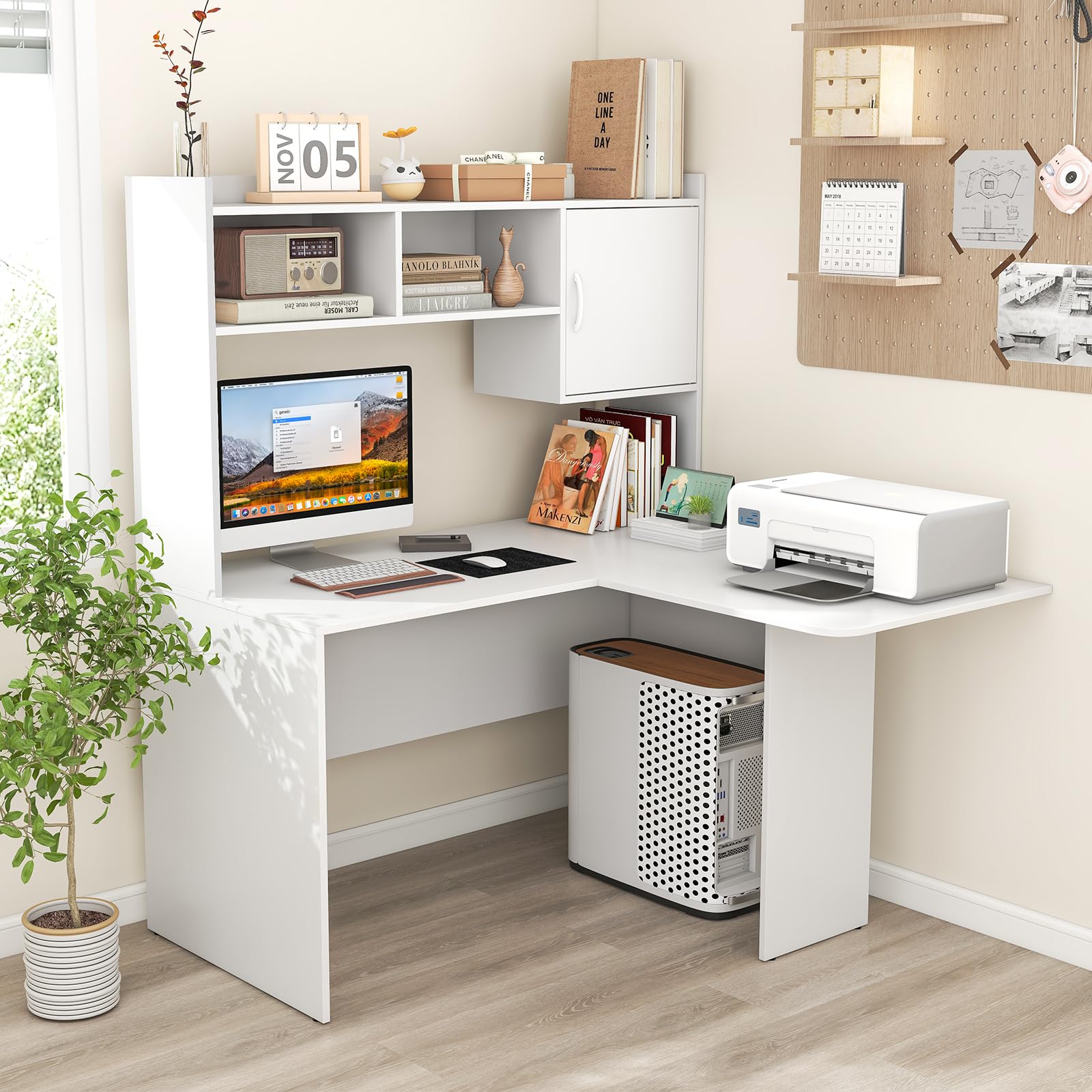 Giantex L Shaped Desk with Hutch, Corner Computer Desk with Storage Shelf & Cabinet