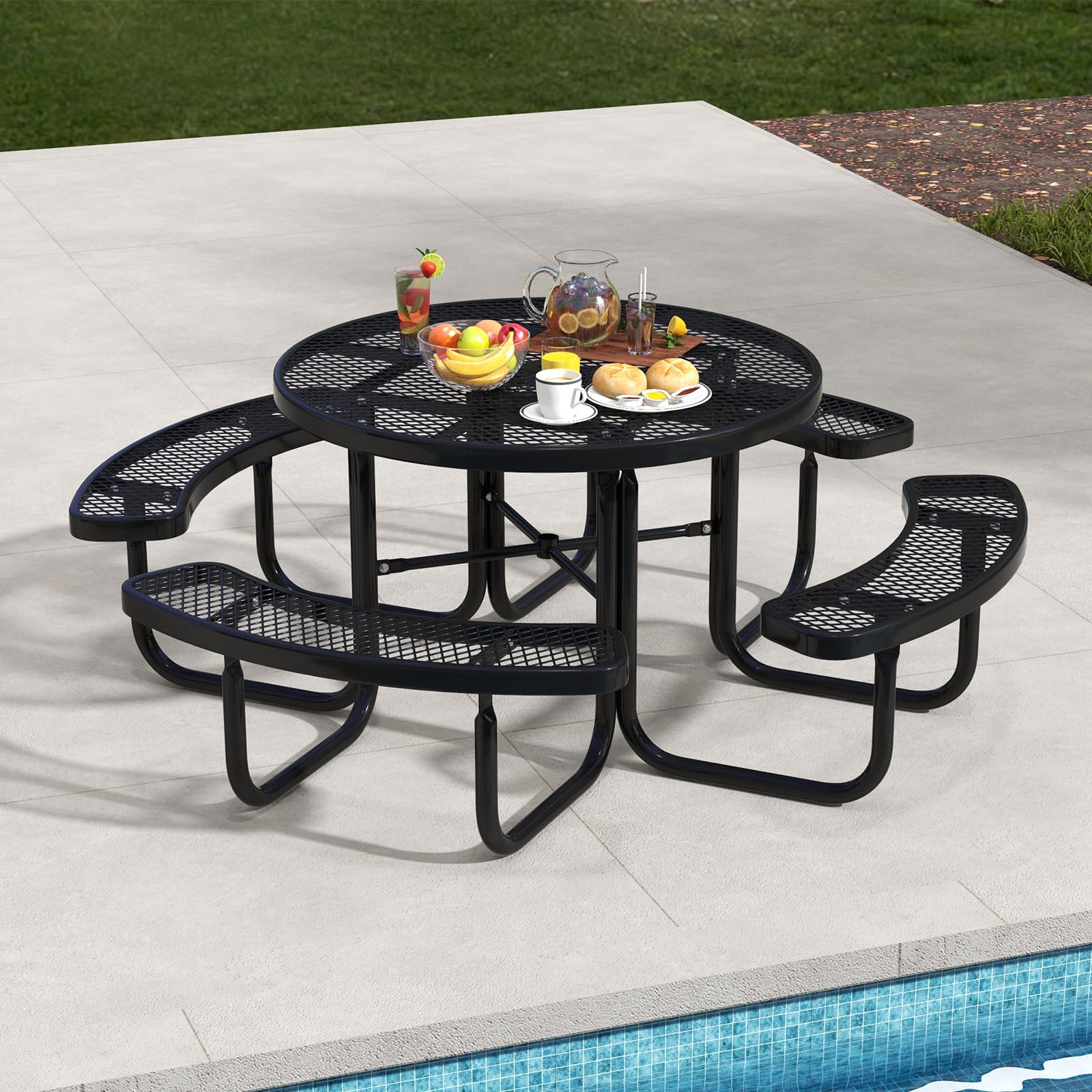 Giantex Round Picnic Table Set for 8 Persons, 45 Inch Outdoor Table and Bench Set with Umbrella Hole