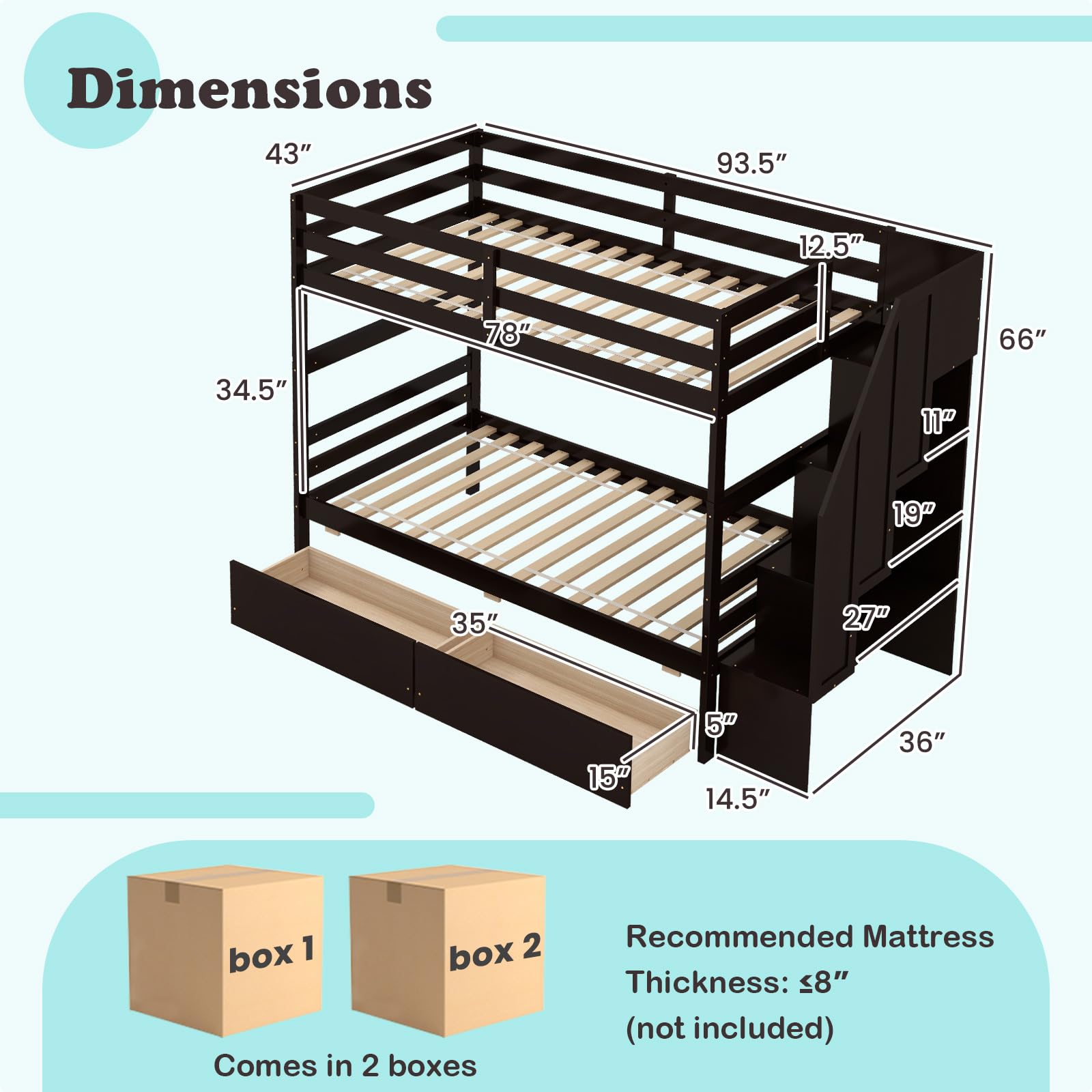 Giantex Bunk Bed Twin Over Twin with Storage Stairs & Drawers, Solid Wood Bunk Bed with Full-Length Guardrails