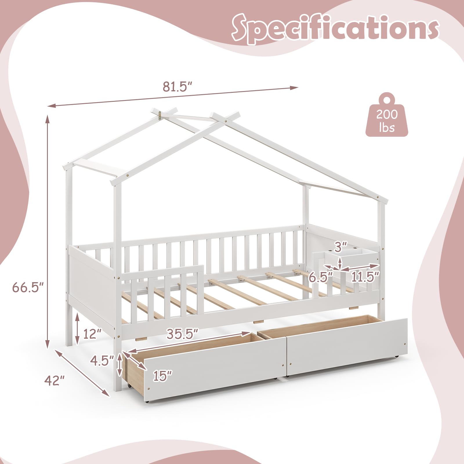 Giantex Twin House Bed with Drawers, Wooden Twin Bed Frame with Cube Storage & Fence Rails