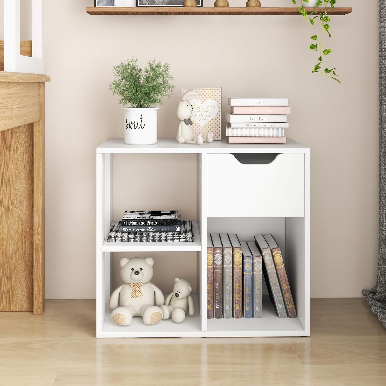 Giantex 3 Cube Bookcase with Drawer, 2 Tier Bookshelf for Small Space, Modern Freestandin