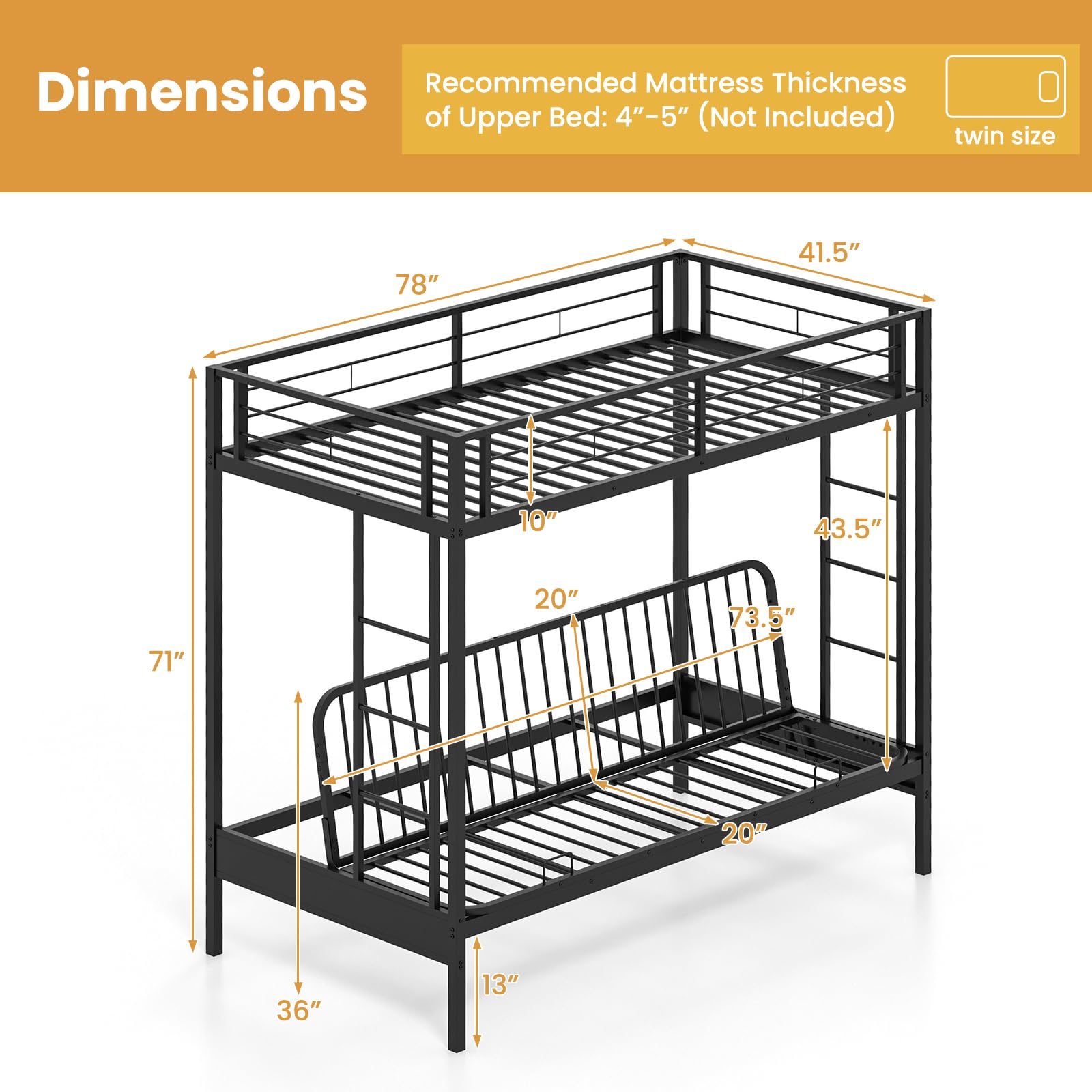 Giantex Twin Over Futon Bunk Bed, Metal Bunk Bed with Futon