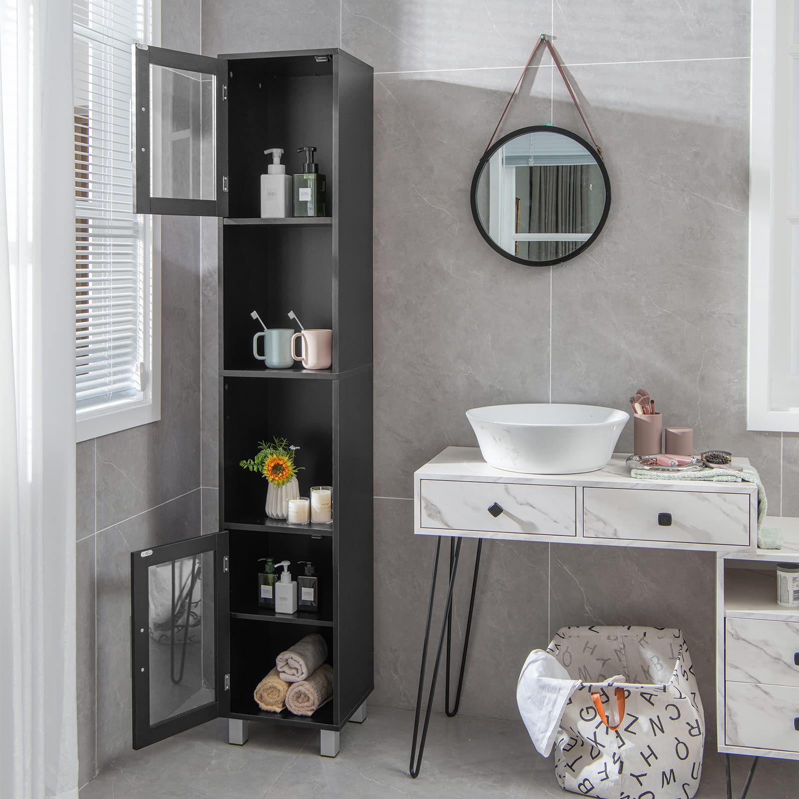 Giantex High Storage Bathroom Cabinet, Freestanding Slim Organizer, Linen Tower Narrow Floor Cabinet, Black
