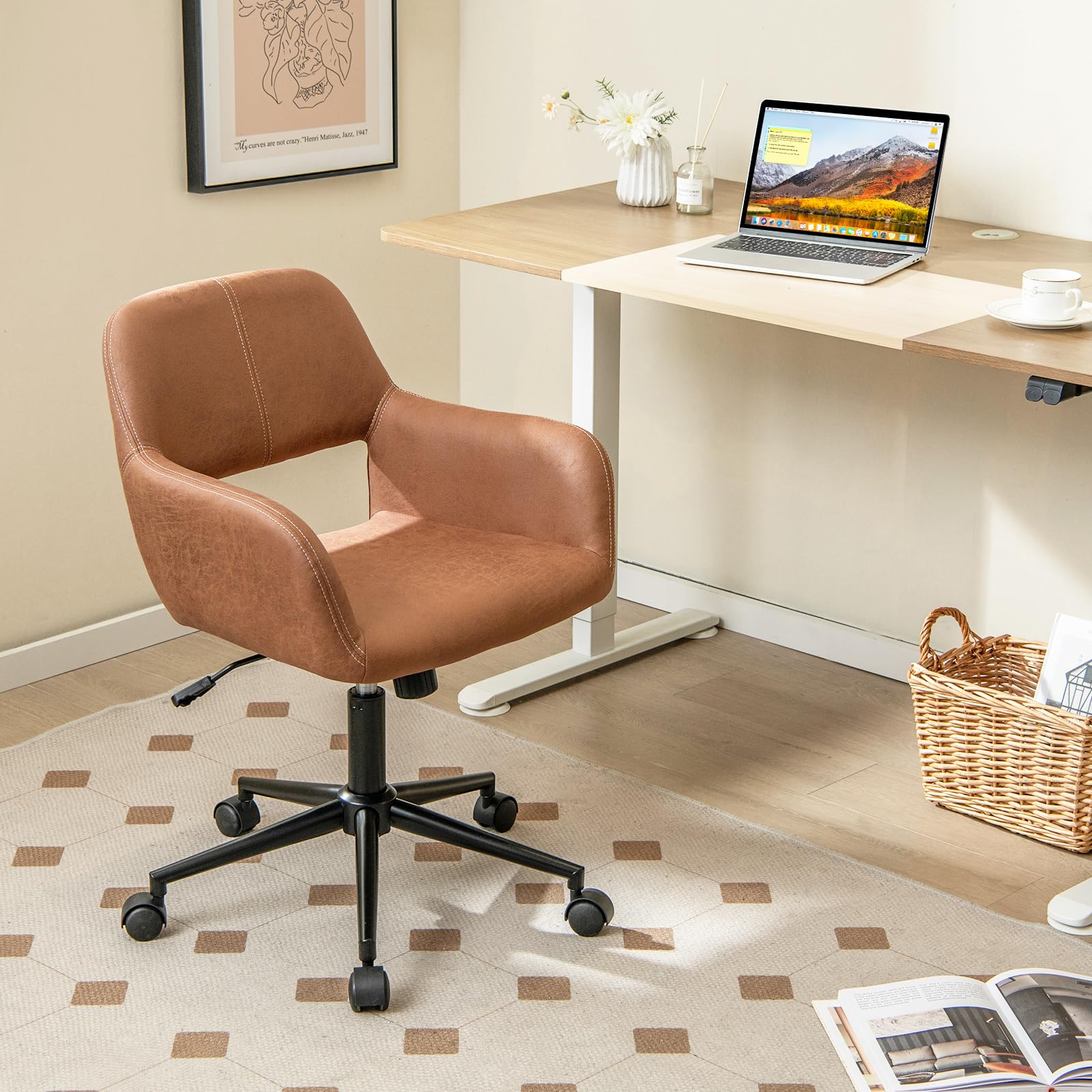 Giantex Modern Desk Chair Brown, Faux Leather Home Office Chair with Arms, Adjustable Swivel Task Chair