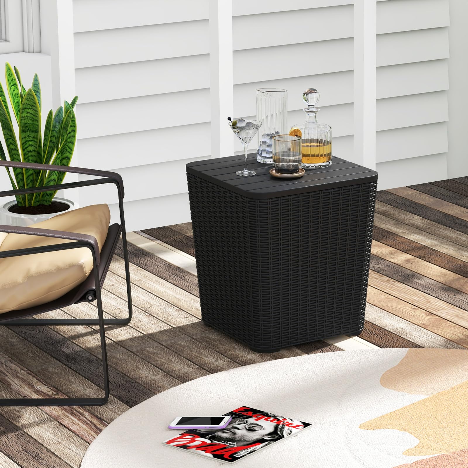 Giantex Small Outdoor Side Table - 11.5 Gallon Deck Box with Removable Lid & Wicker-woven