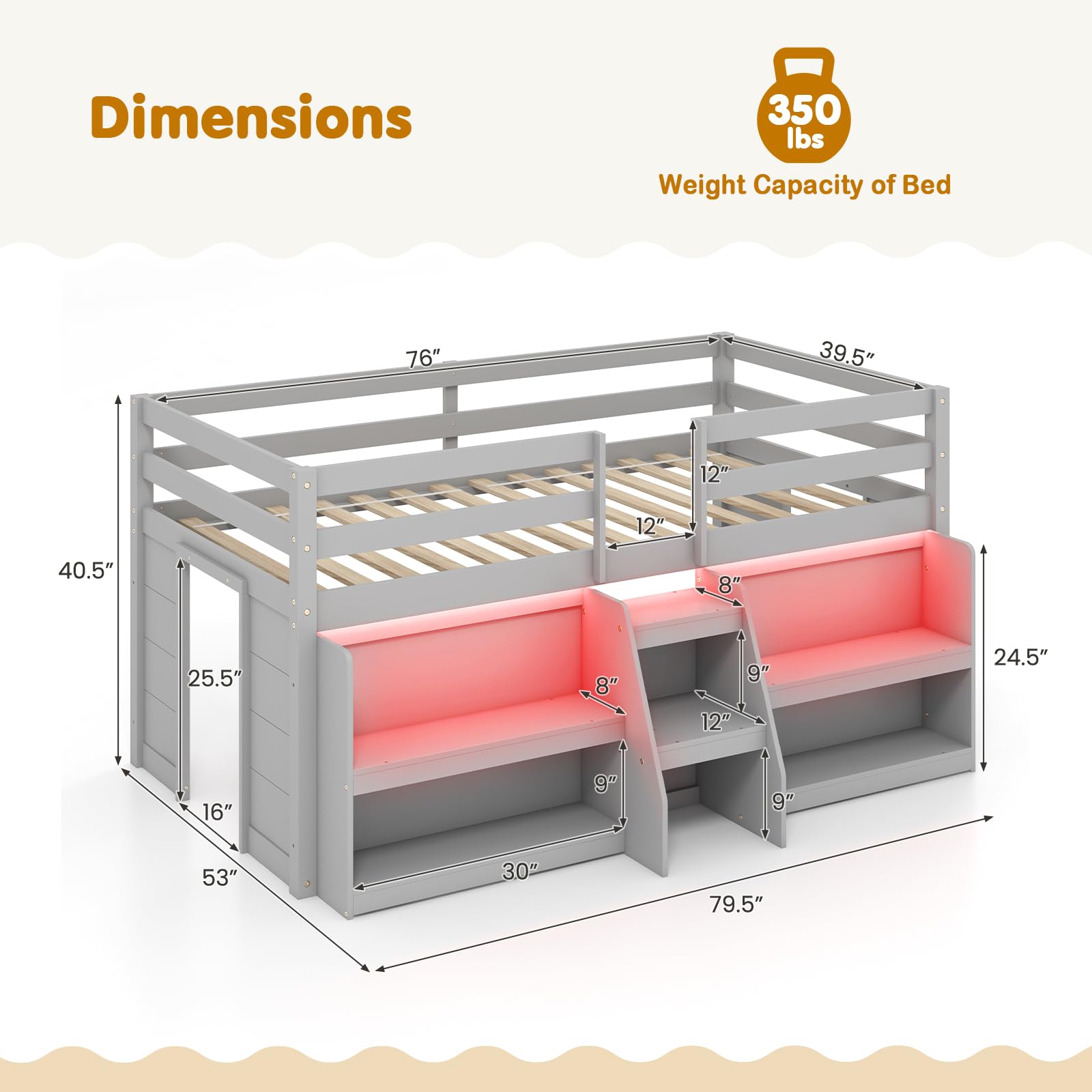 Giantex Low Loft Bed with LED Lights, Wooden Twin Loft Bed with Stairs & Safety Guardrail