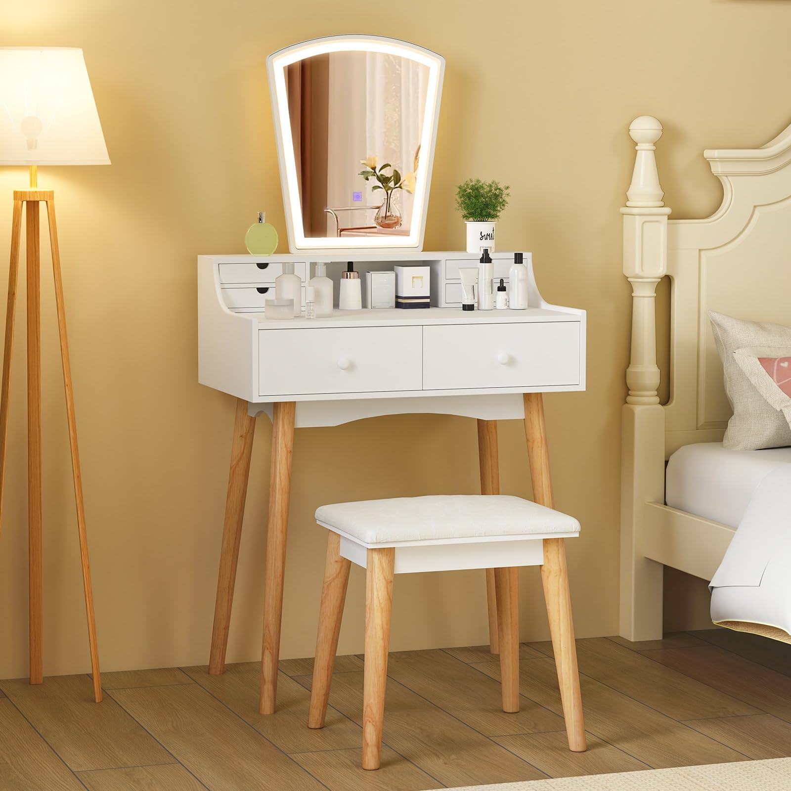 Small Vanity Desk with Mirror and Lights, White Makeup Vanity Desk with 6 Drawers