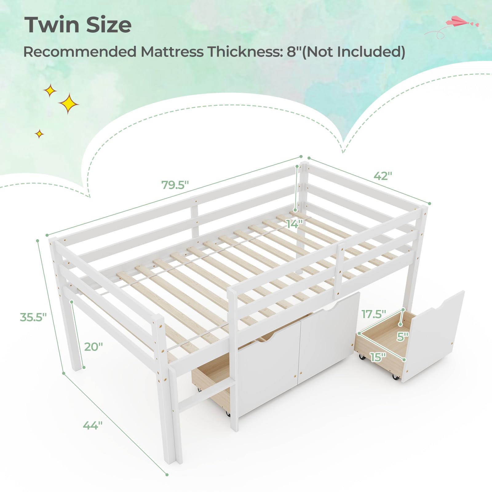 Giantex Twin Low Loft Bed with 3 Drawers, Wooden Loft Bed Frame with Ladder & Full-length Guardrails