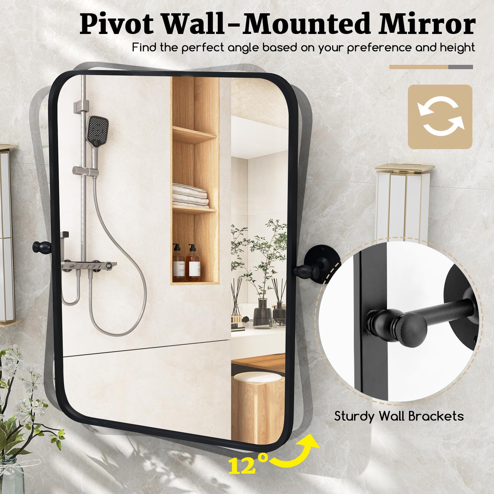 CHARMAID Pivot Mirror for Bathroom - 30'' x 22'' Tilt Beveled Vanity Mirror Black Metal Framed