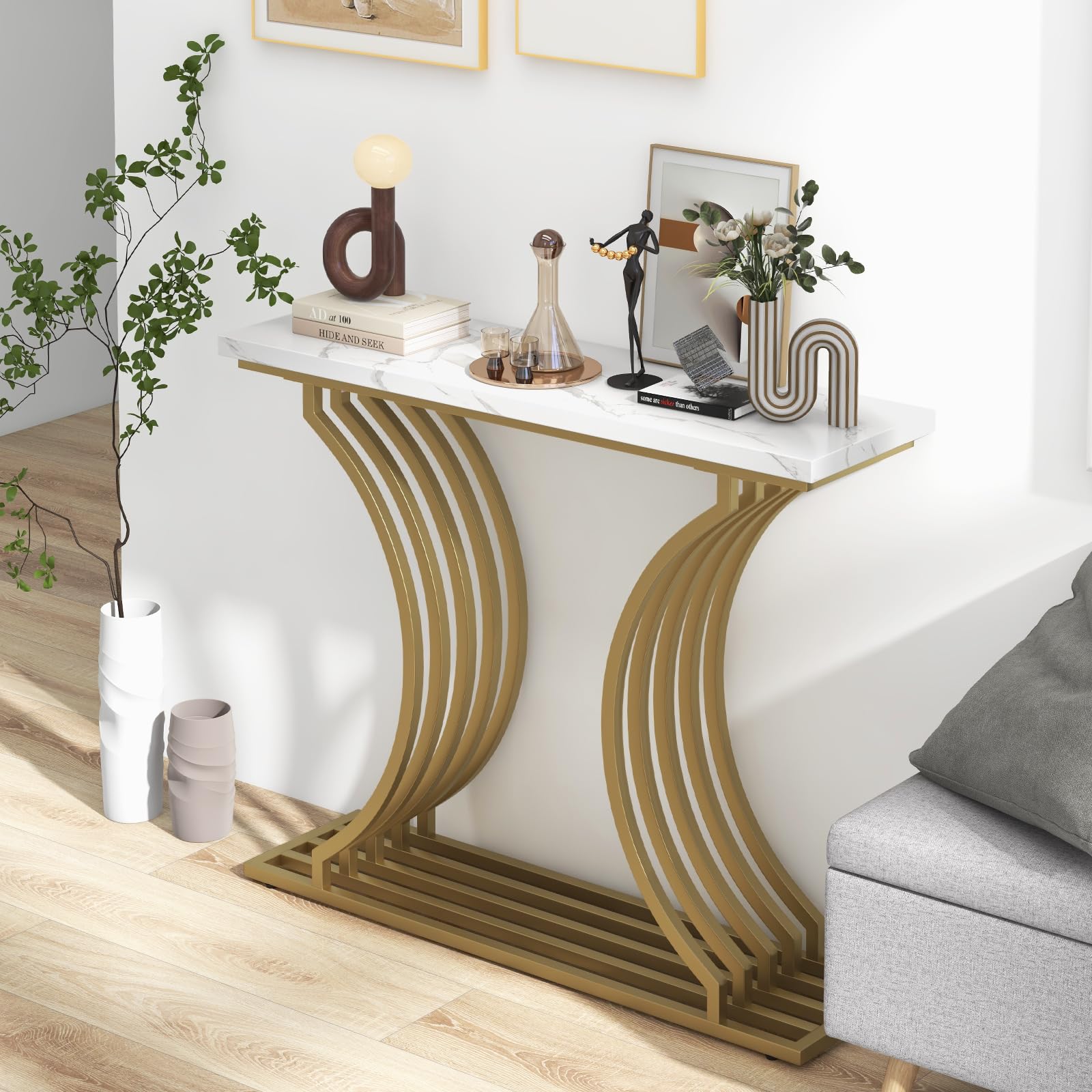 Giantex 39" Entryway Console Table, Gold Narrow Console Table w/White Faux Marble Tabletop