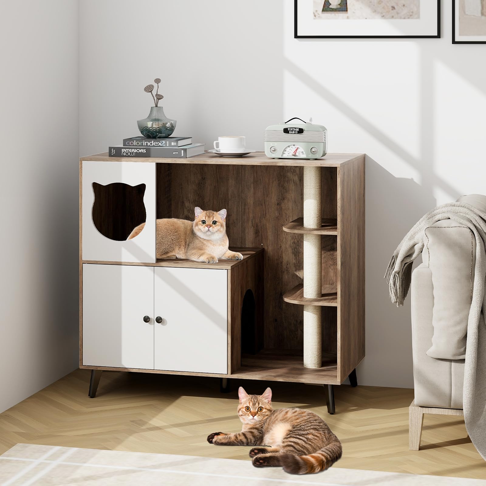 Giantex Cat Litter Box Enclosure - Wooden Cat House Washroom Hidden Furniture with Cat Tree