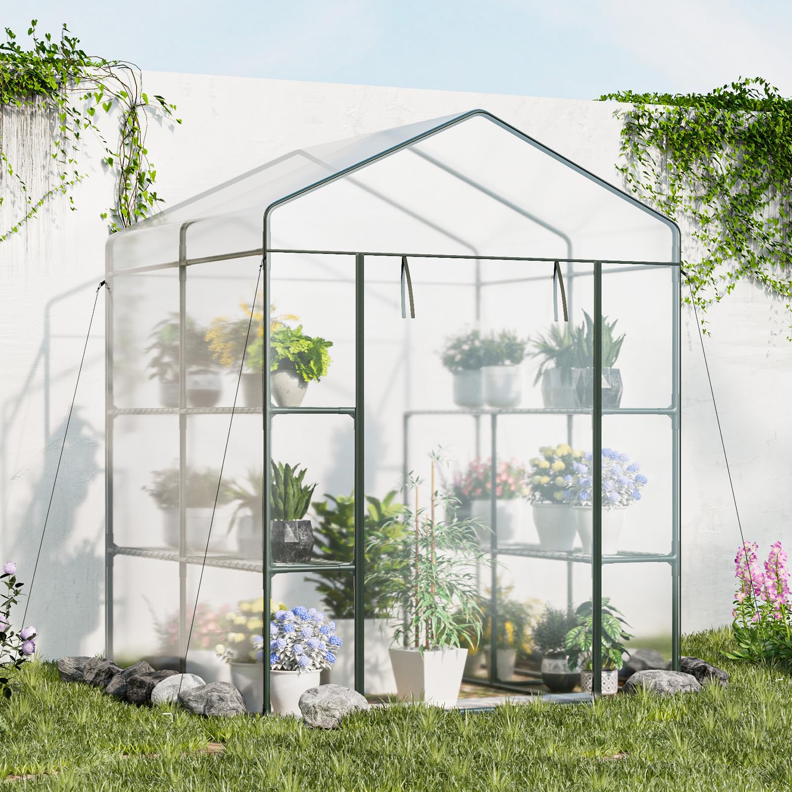 Giantex Walk-in Greenhouse w/ 3 Tiers 4 Shelves, 4 Ground Stakes & Ropes, PVC Cover