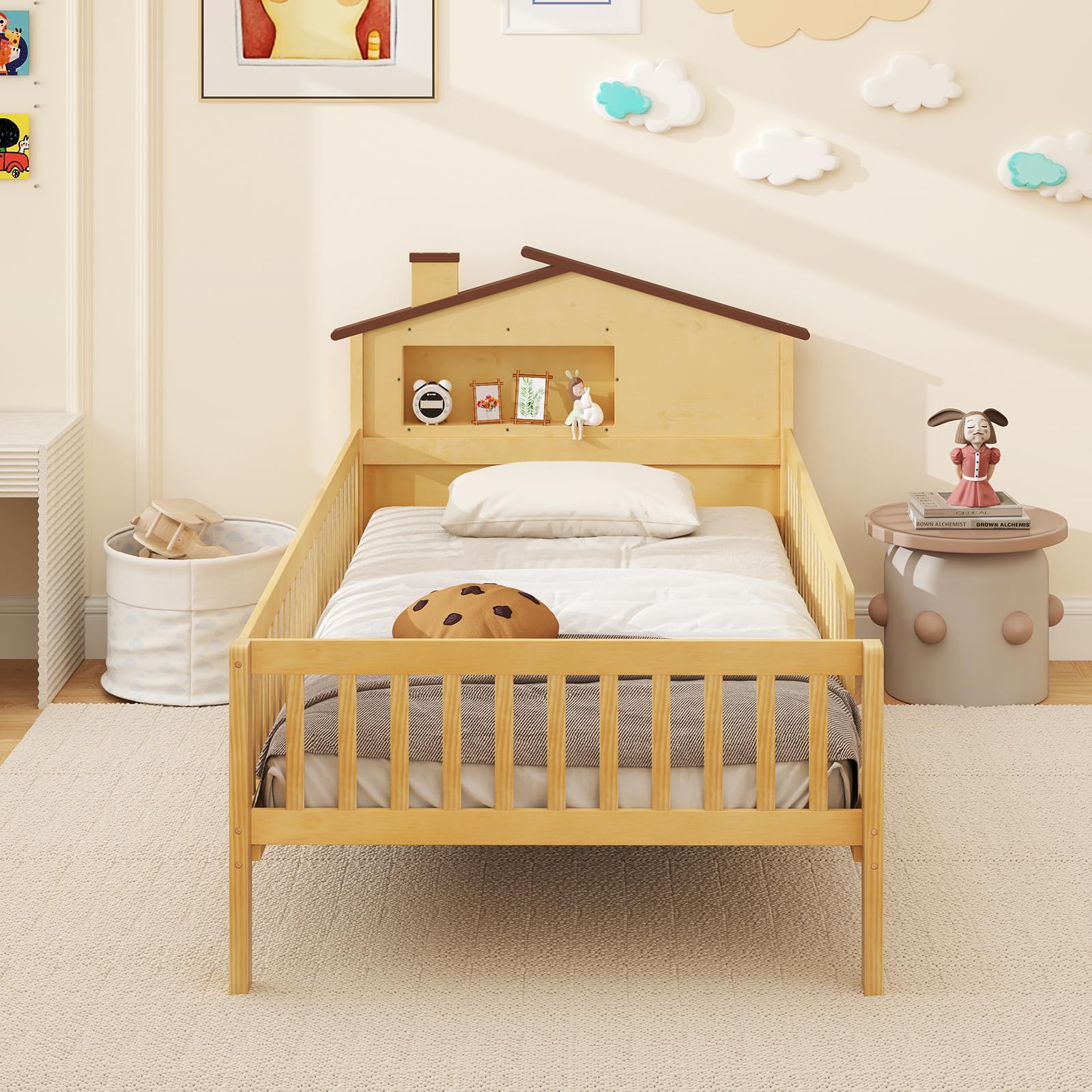 Giantex Twin Bed Frames for Kids, Solid Wood Montessori Bed with House-Shaped Headboard & Built-in Storage Shelf