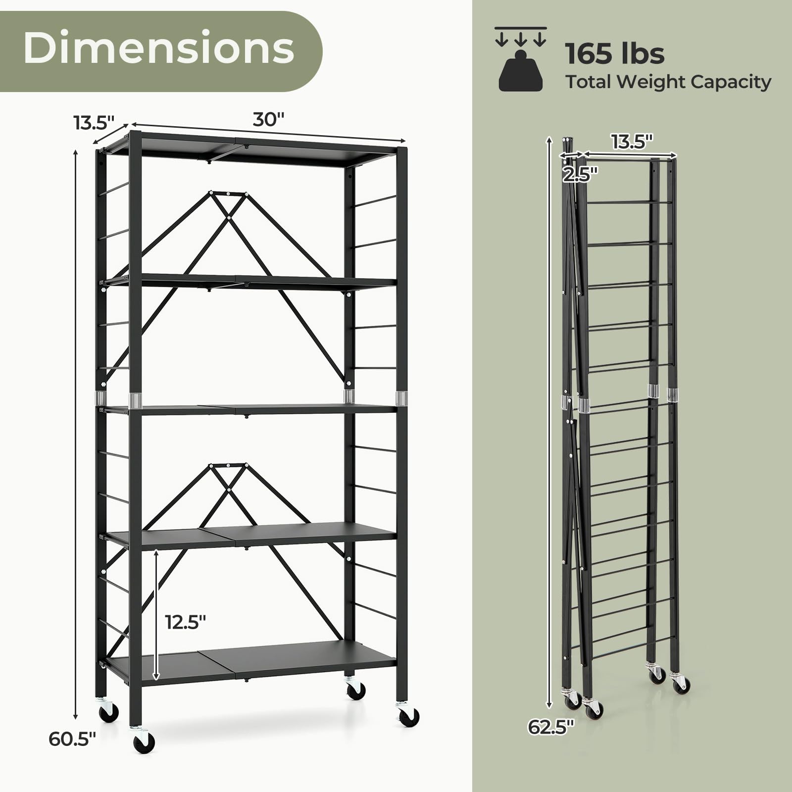 Giantex 5-Tier Foldable Storage Shelf with Wheels Set of 1/2, Collapsible Shelving Unit with Adjustable Shelves