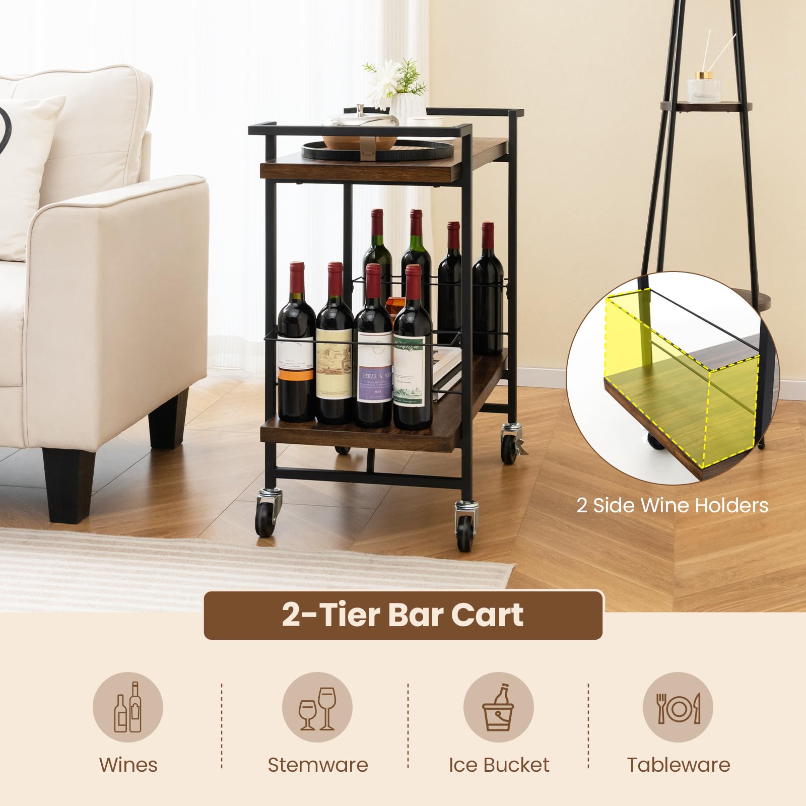 Giantex Bar Cart, 2-Tier Industrial Home Bar Serving Cart with Wheels