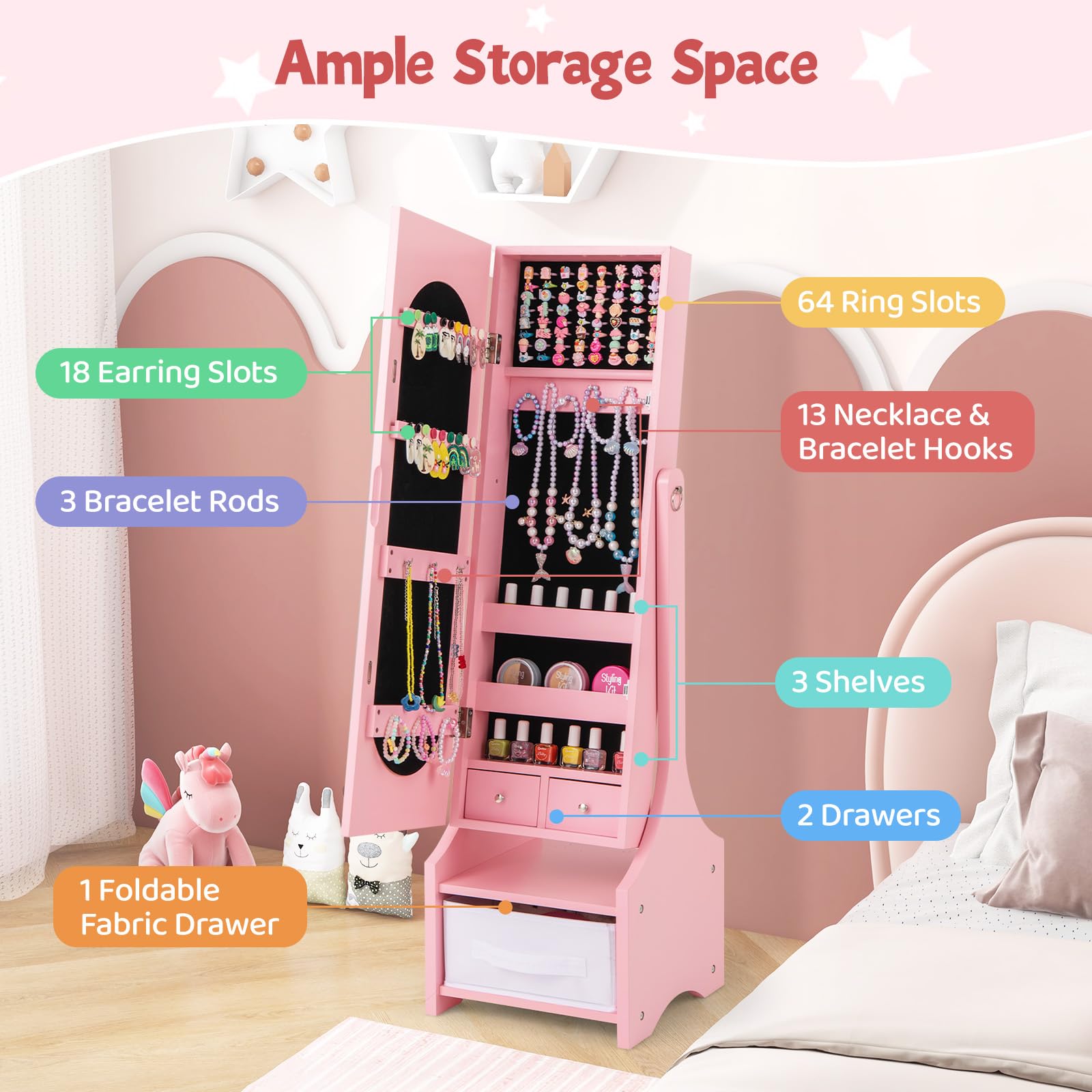 CHARMAID Kids Mirror Jewelry Armoire Cabinet - Standing jewelry Organizer for Girls