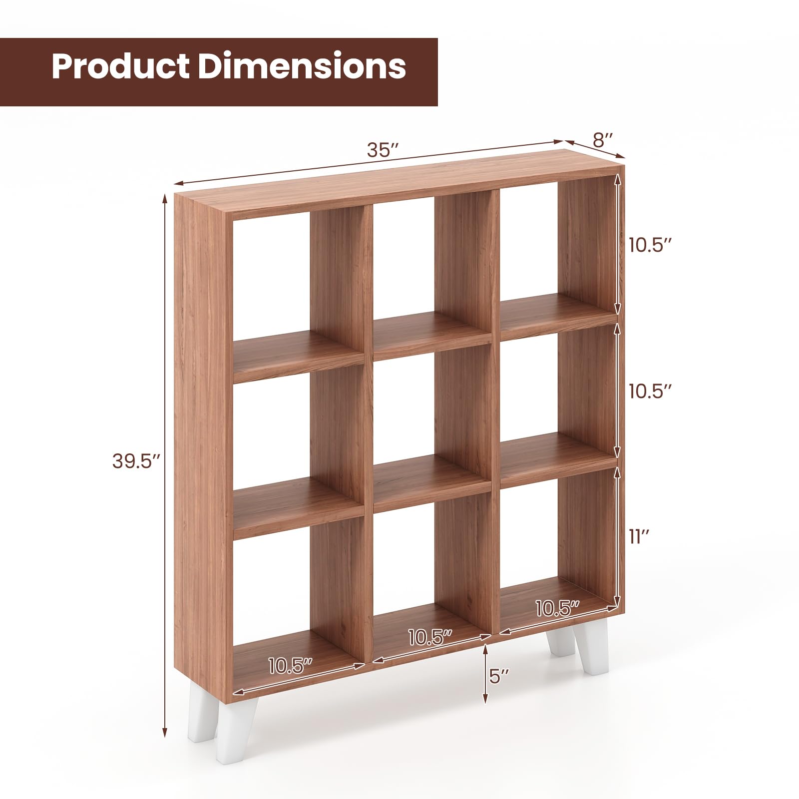 Giantex 9-Cube Open Bookcase, 3-Tier Freestanding Bookshelf with 4 Slanted Legs & 6 Removable Shelves