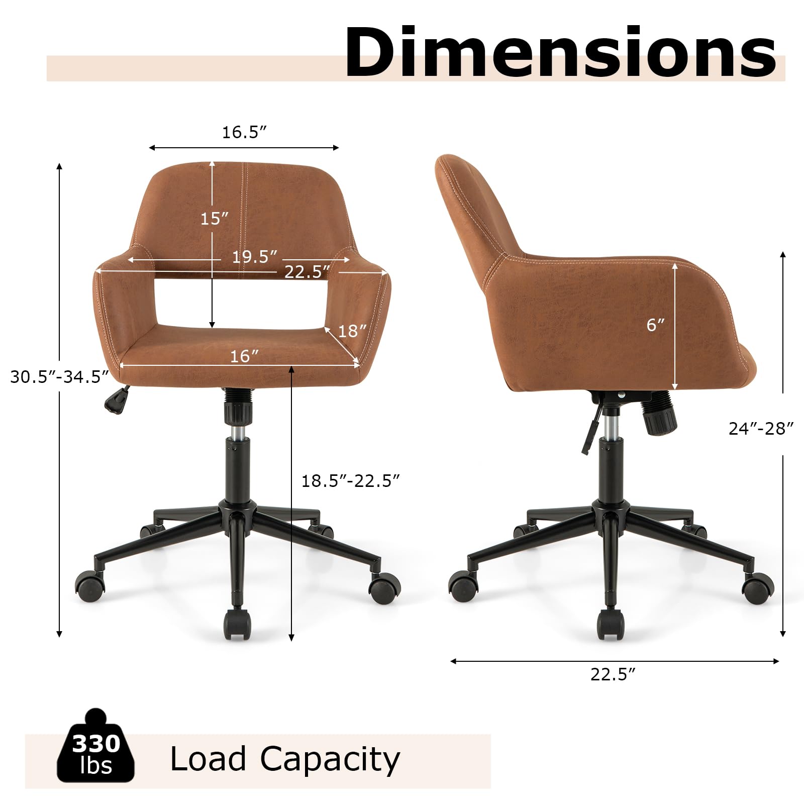 Giantex Modern Desk Chair Brown, Faux Leather Home Office Chair with Arms, Adjustable Swivel Task Chair