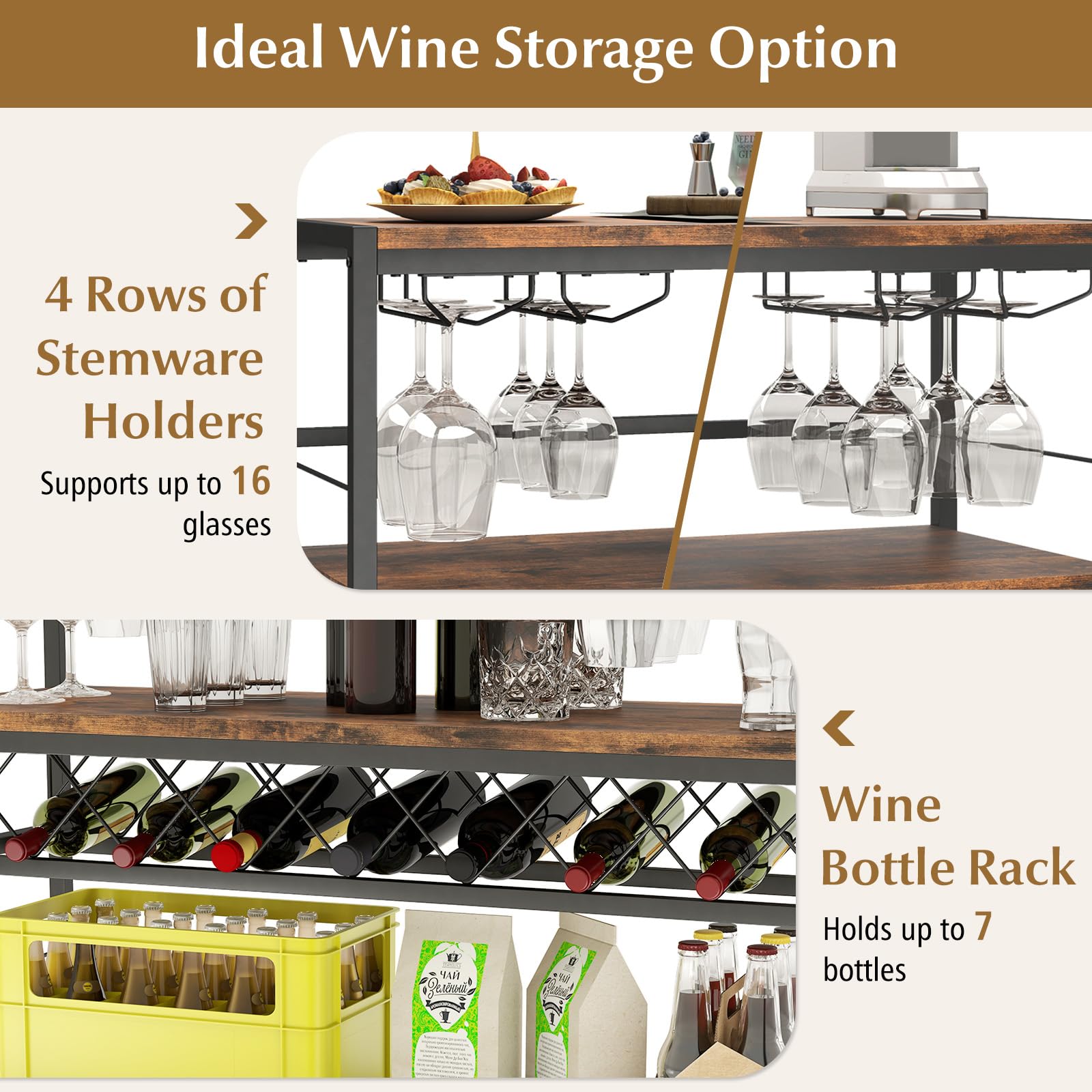 Giantex 4-Tier Wine Rack Table - 7-Bottle Wine Bar Cabinet w/ 4 Wine Racks & 16 Glasses Holder