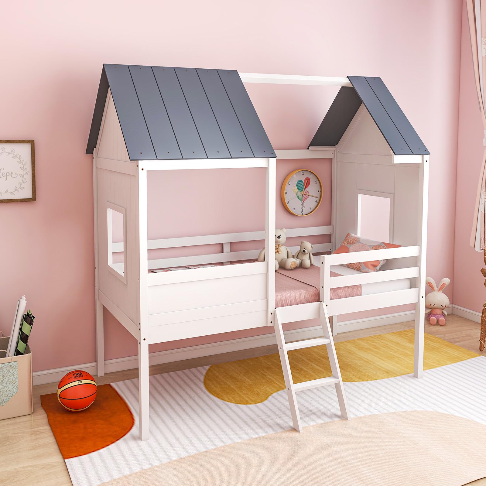 Giantex Twin House Bed Frame, Kids Low Loft Bed Frame with Roof