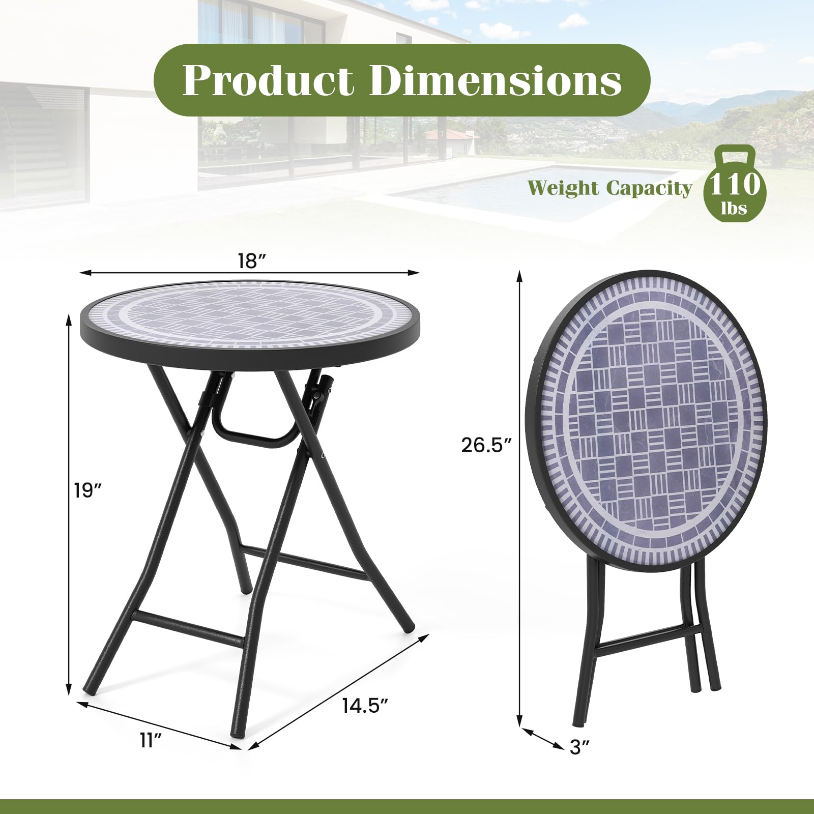 Giantex Folding Outdoor Side Table - 18” Round End Table with Tempered Glass Tabletop & Metal Frame