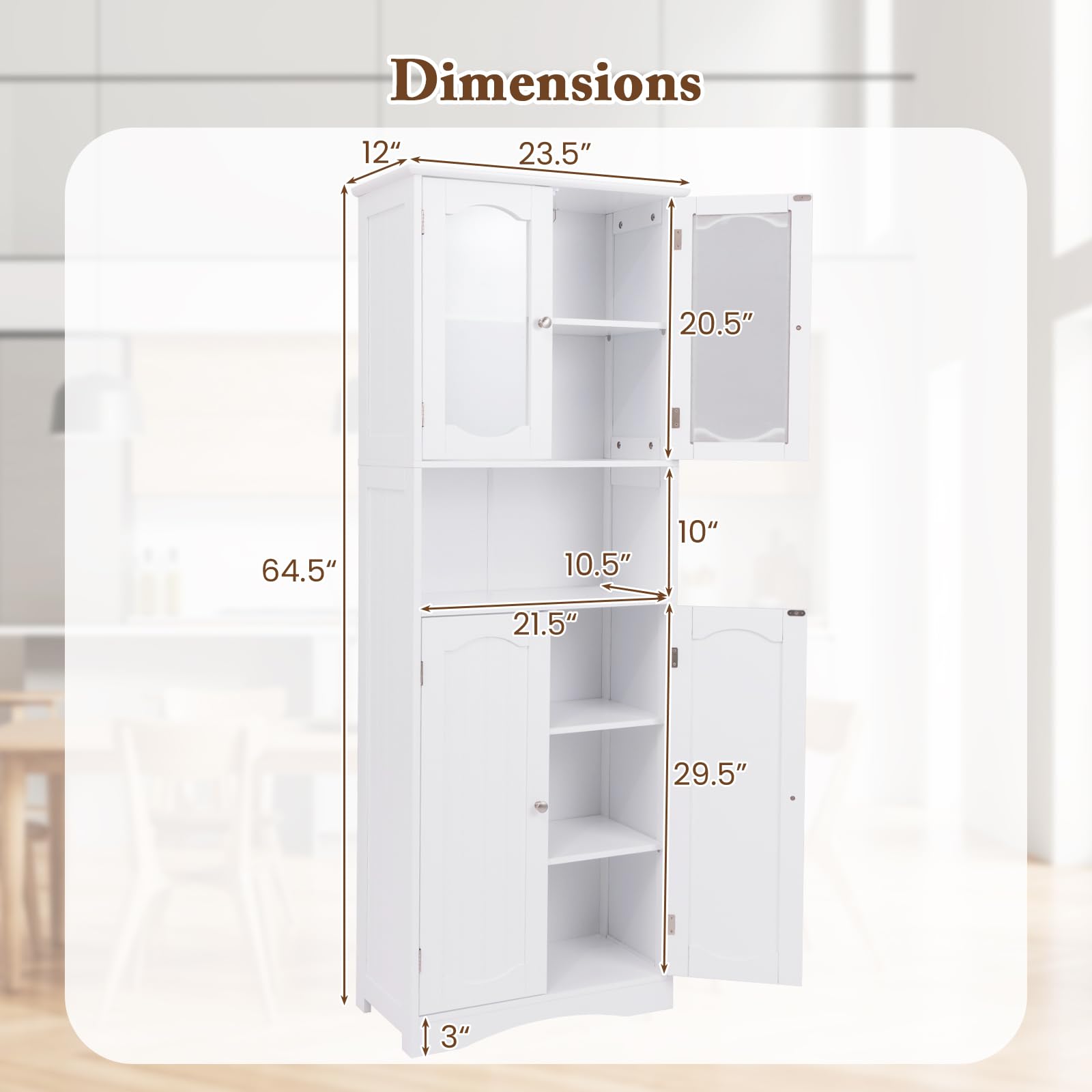 Giantex 64.5" Tall Bathroom Cabinet, Pantry Cabinet with Tempered Glass Doors, Adjustable Shelves