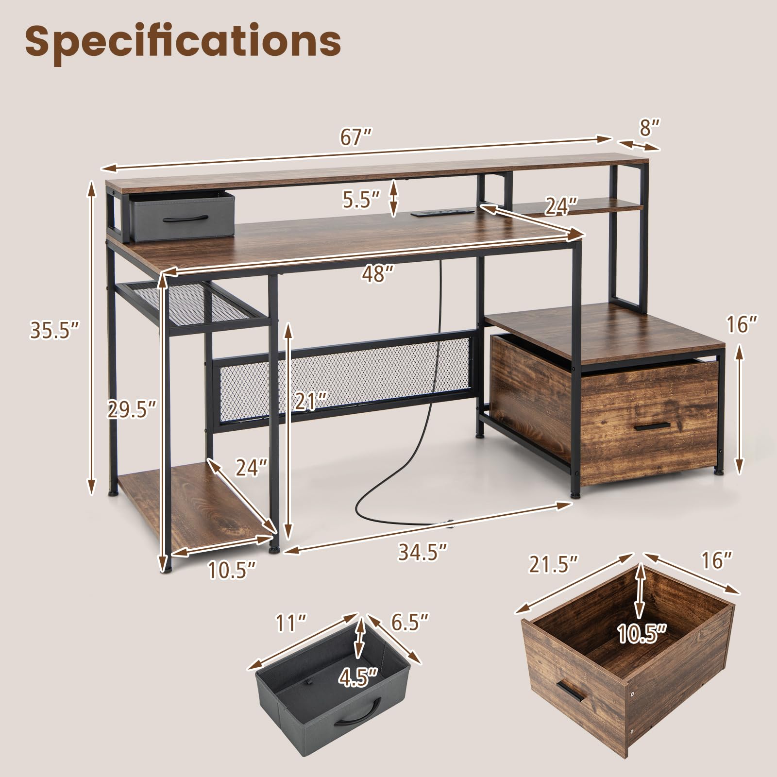 Giantex 67" Computer Desk with File Drawers Cabinet, Home Office Desk with Monitor Stand