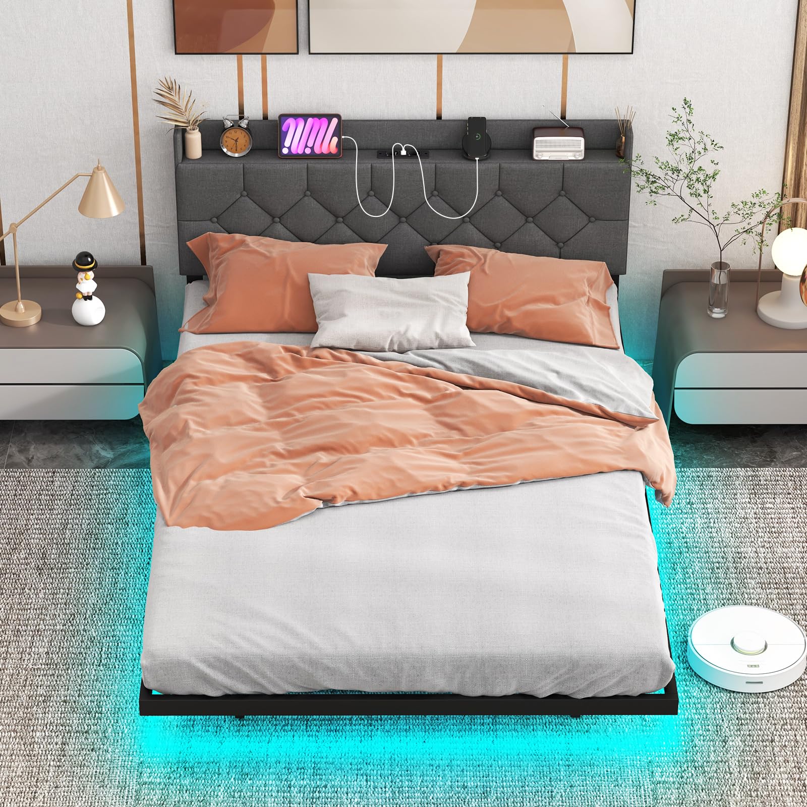 Giantex Floating Bed Frame with LED Lights, Modern Platform Bed with Adjustable Upholstered Headboard & Charging Station