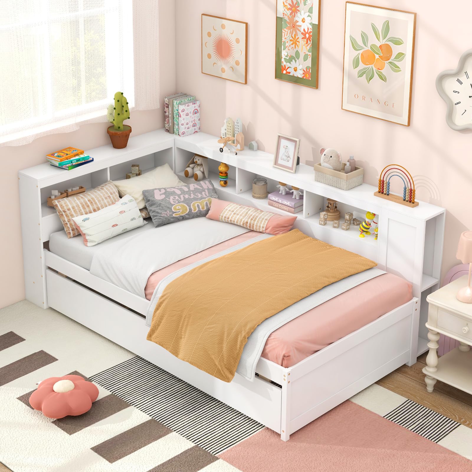 Giantex Twin Daybed with Trundle, Wood Twin Bed Frames with Storage Headboard, Reversible Bookcase