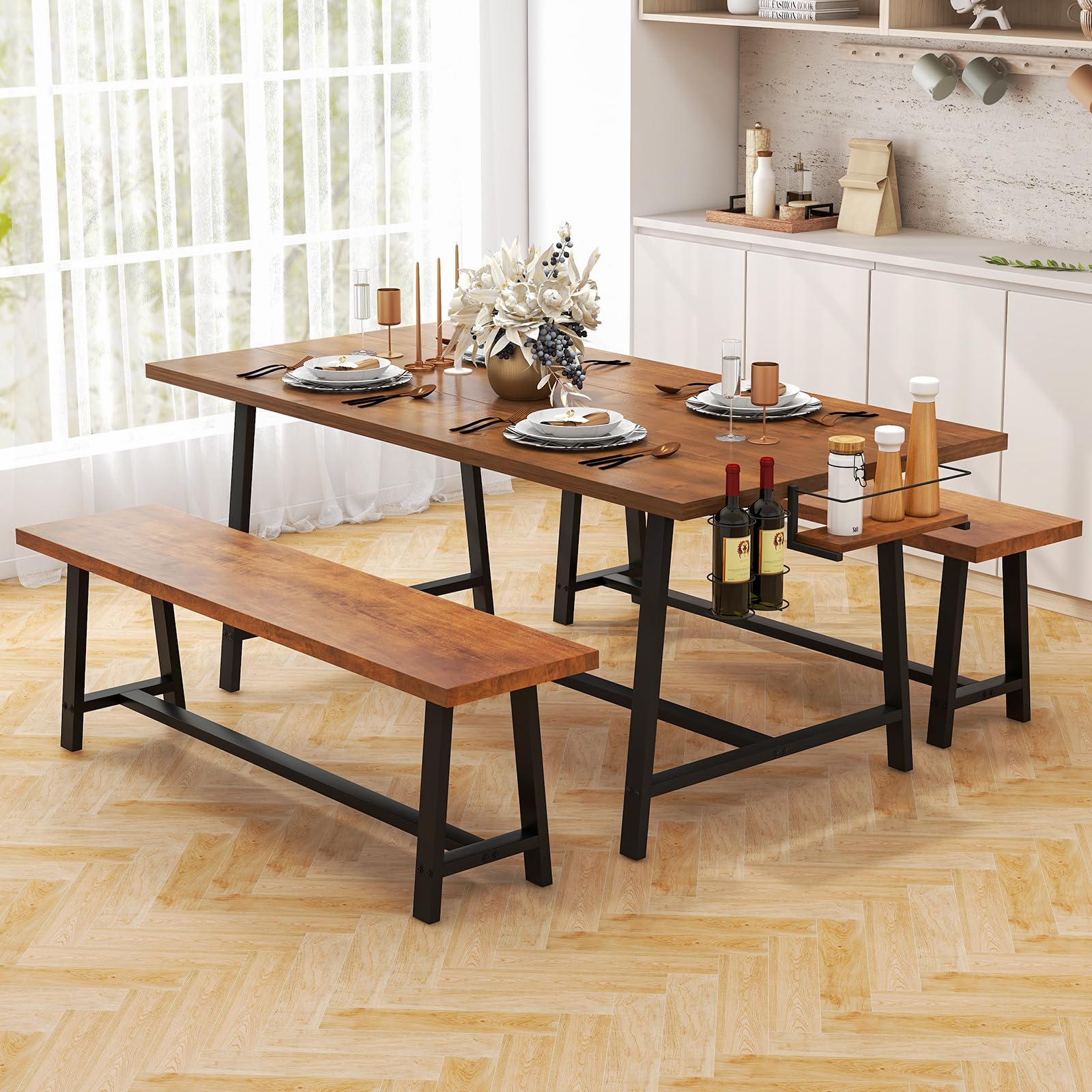 Giantex 72” Dining Table Set for 4-8, 3-Piece Kitchen Table Set with 2 Benches